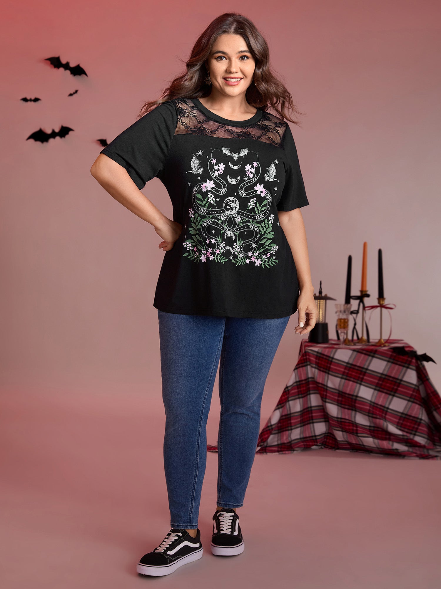 Midnight Garden Sheer Lace Trim T-Shirt