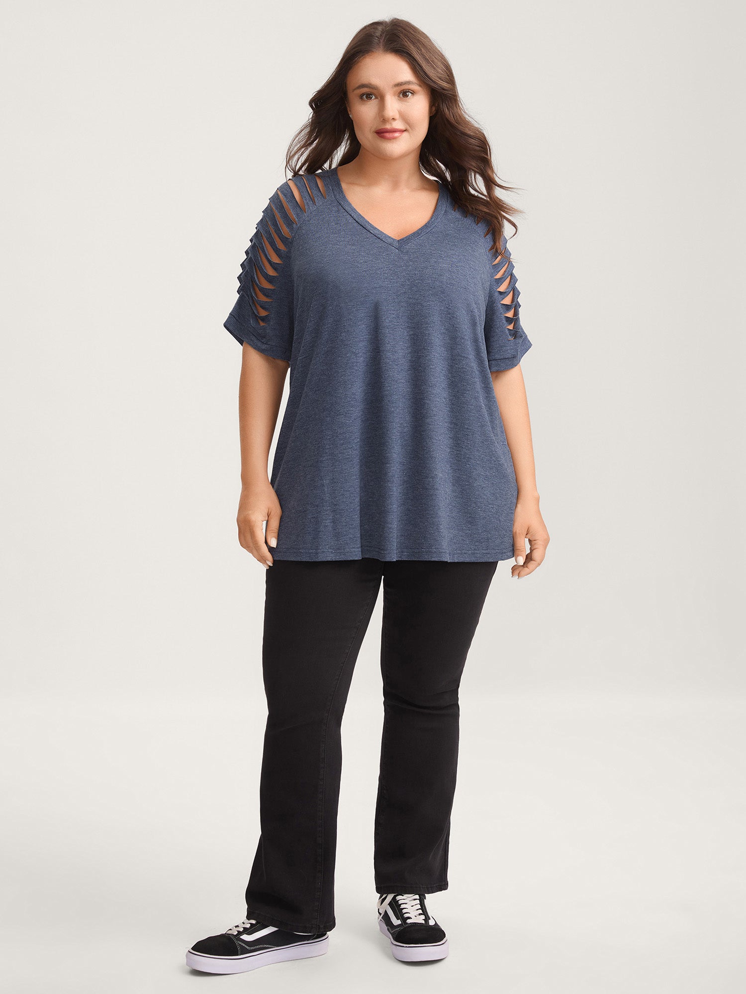 Cut-Out Sleeve V Neck T-Shirt