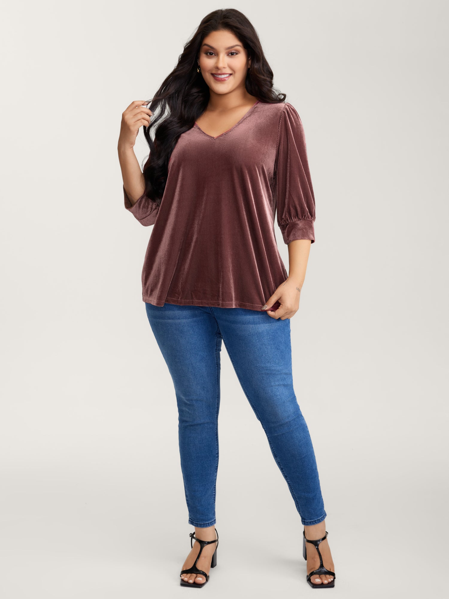 Velvet Textured Drape V-Neck Top