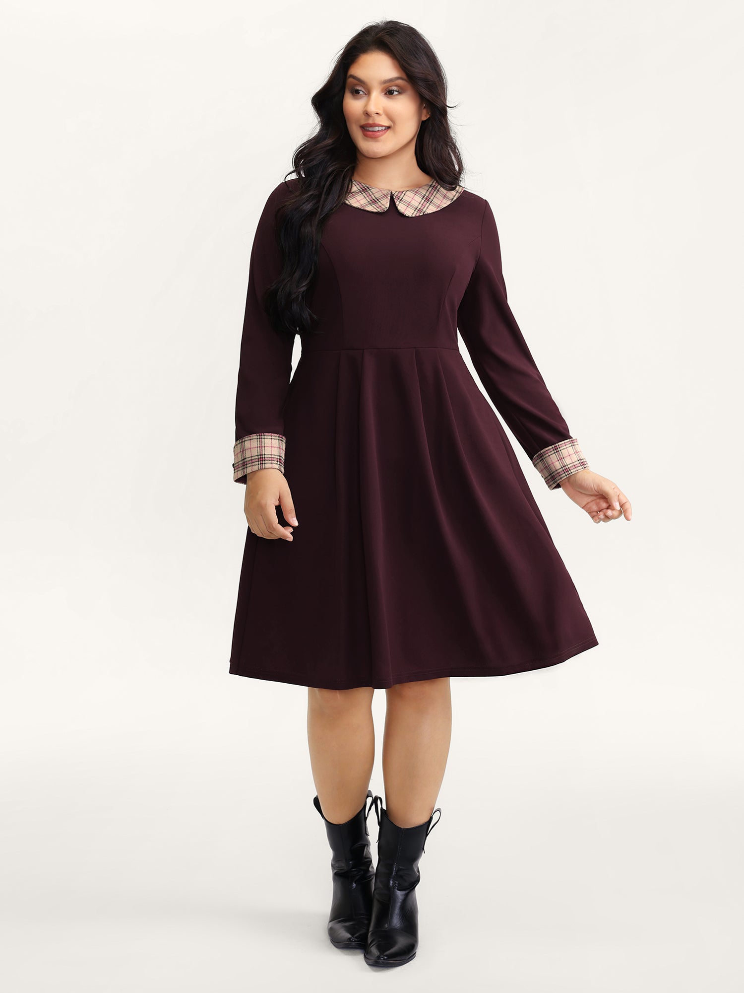 Plaid Collar Pleated Stretchy Waist Midi Dress