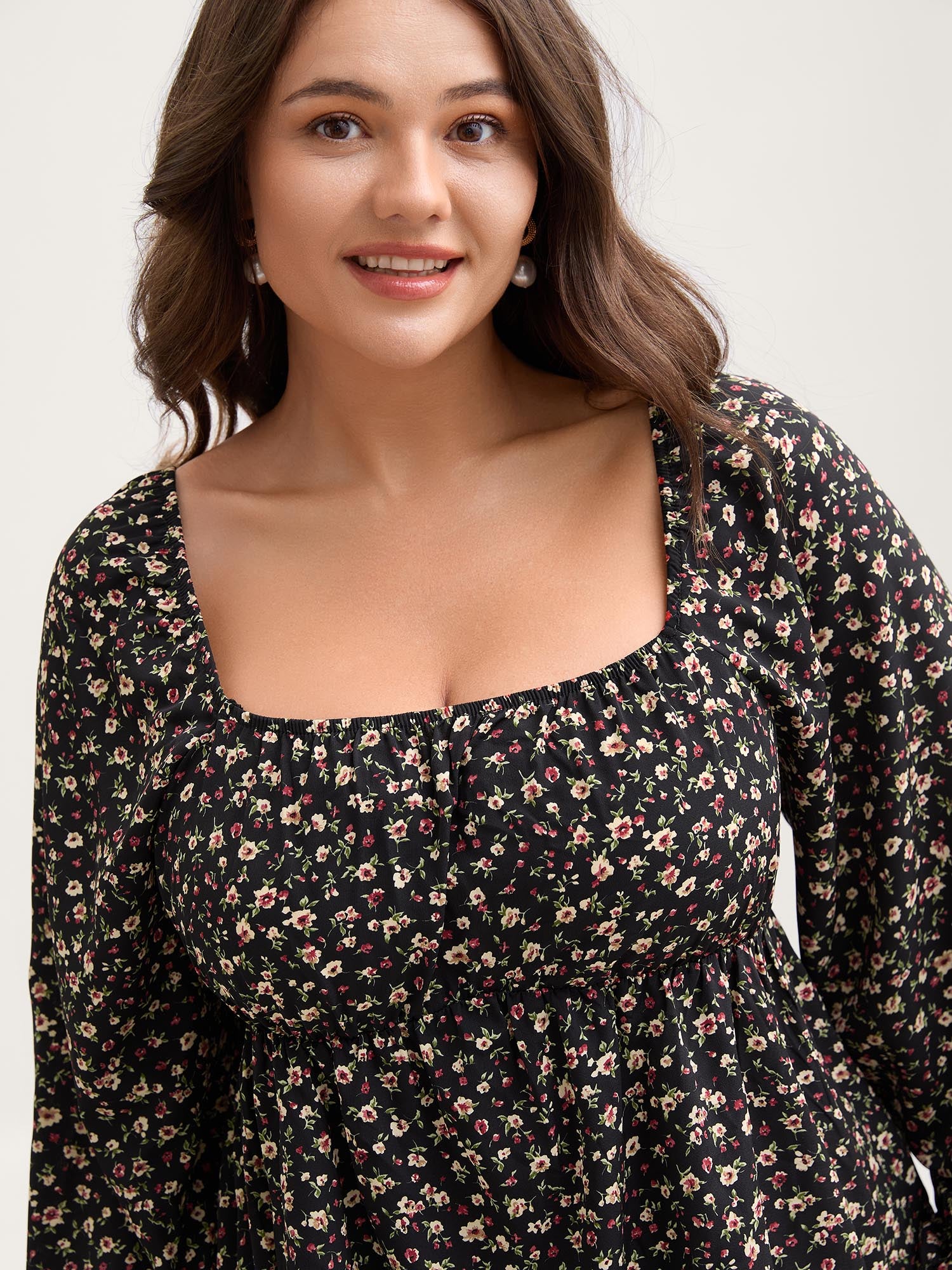Floral Print Shirred Bodice Puff Sleeve Blouse