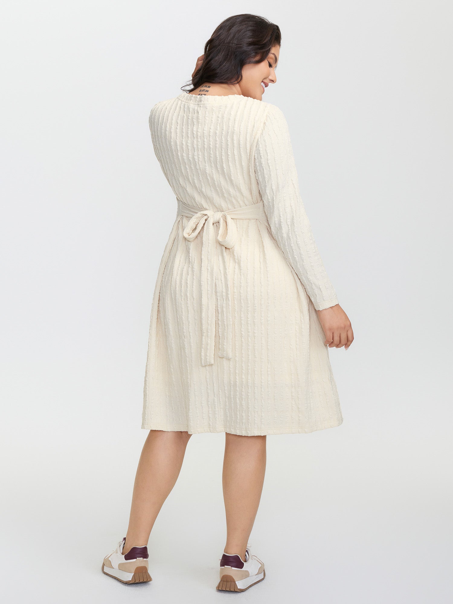 Textured Waist-Tie Stretchy Midi Dress