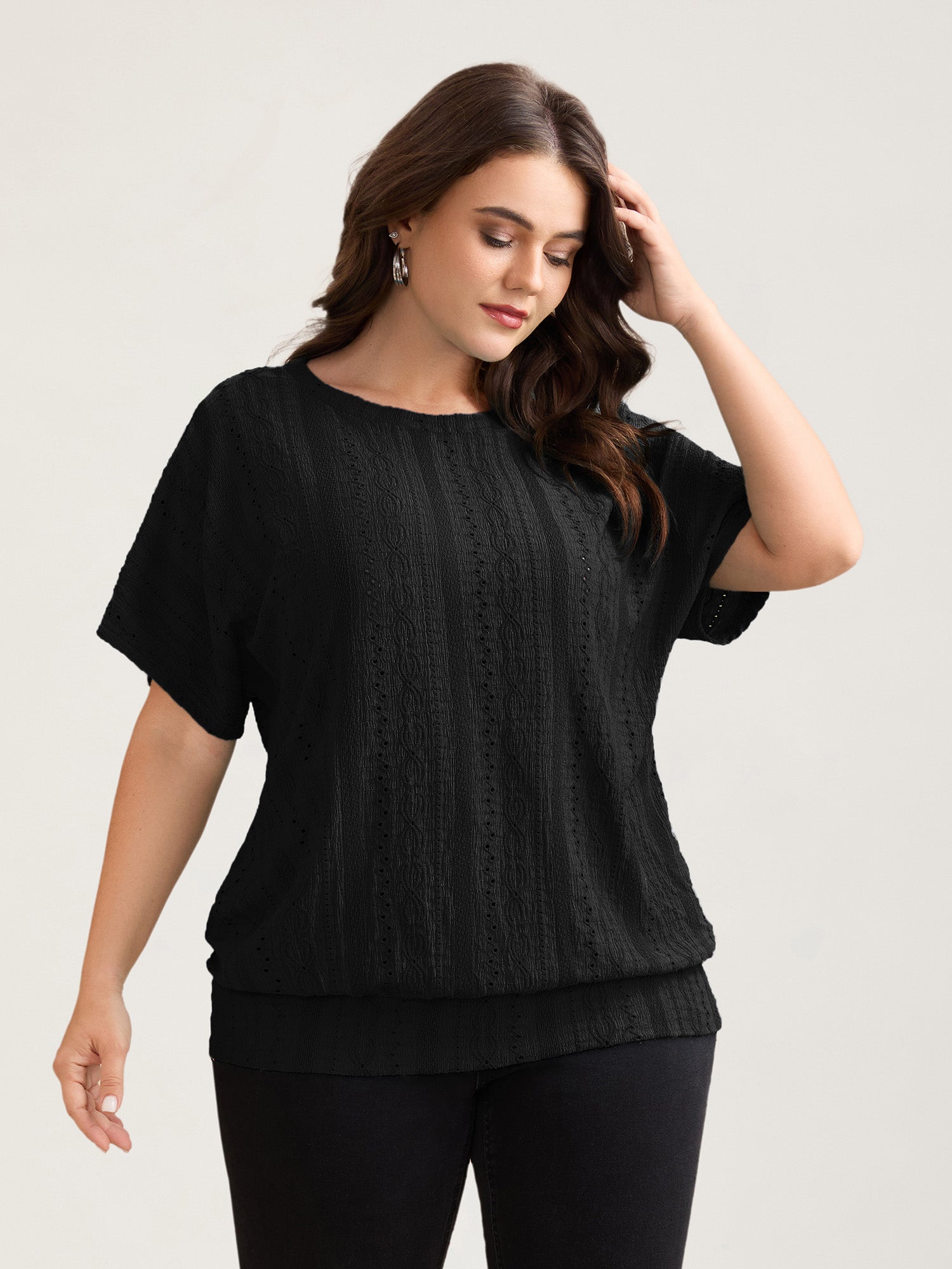 Eyelet Trim Stretchy Textured Plain Top