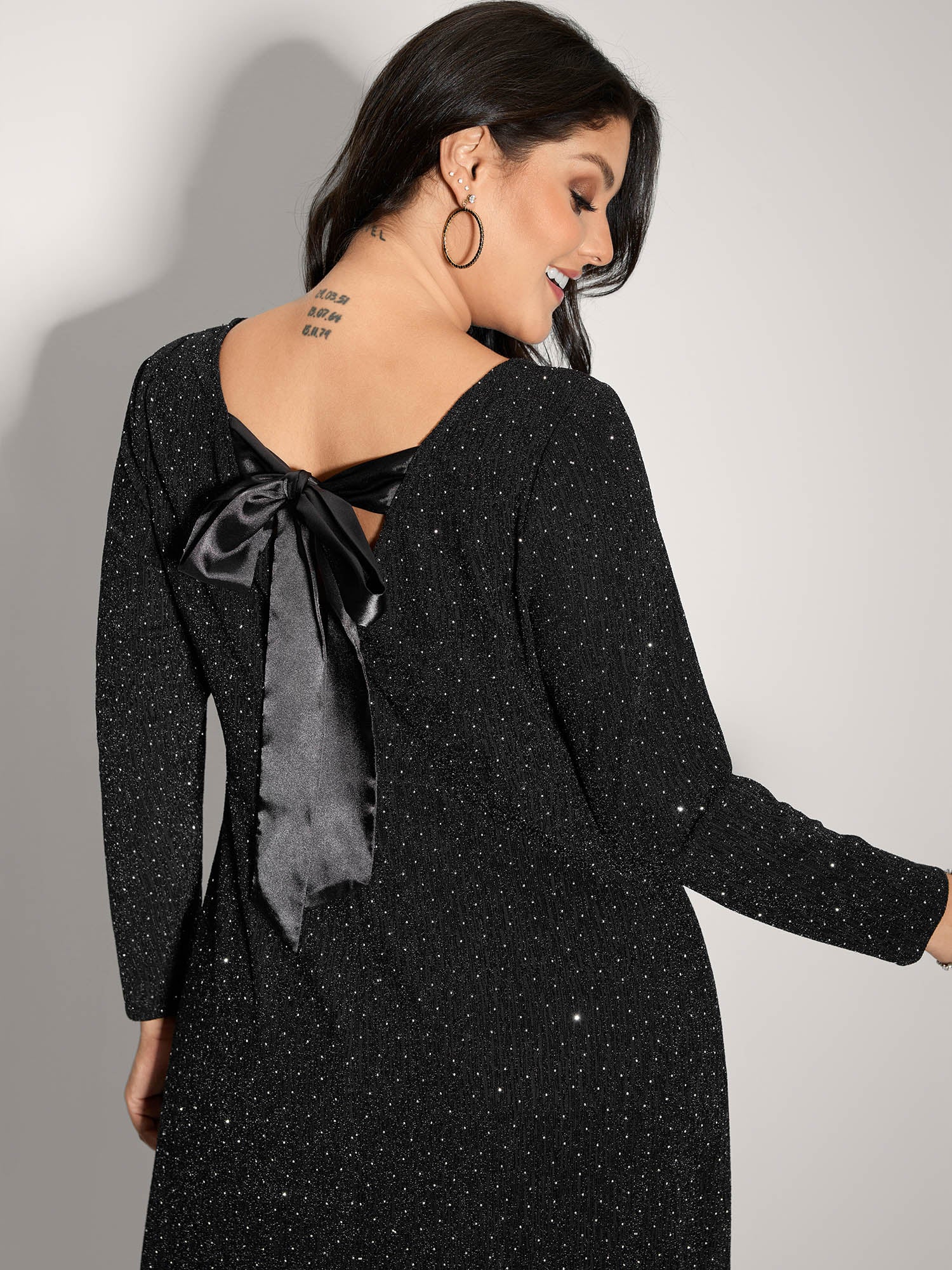 Metallic Detail Shimmery Back Bow Midi Dress