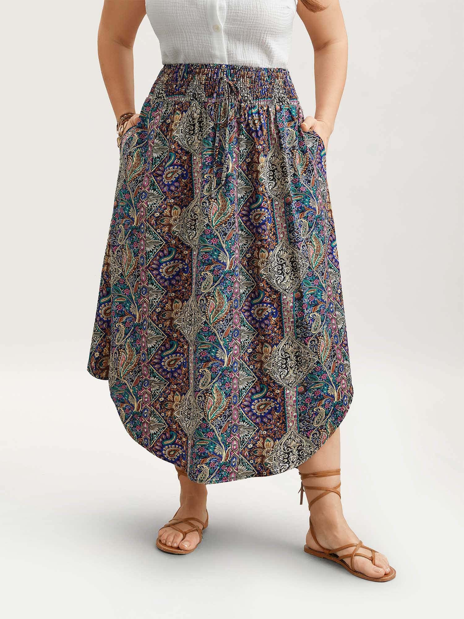 Boho Print Shirred Waist Midi Skirt