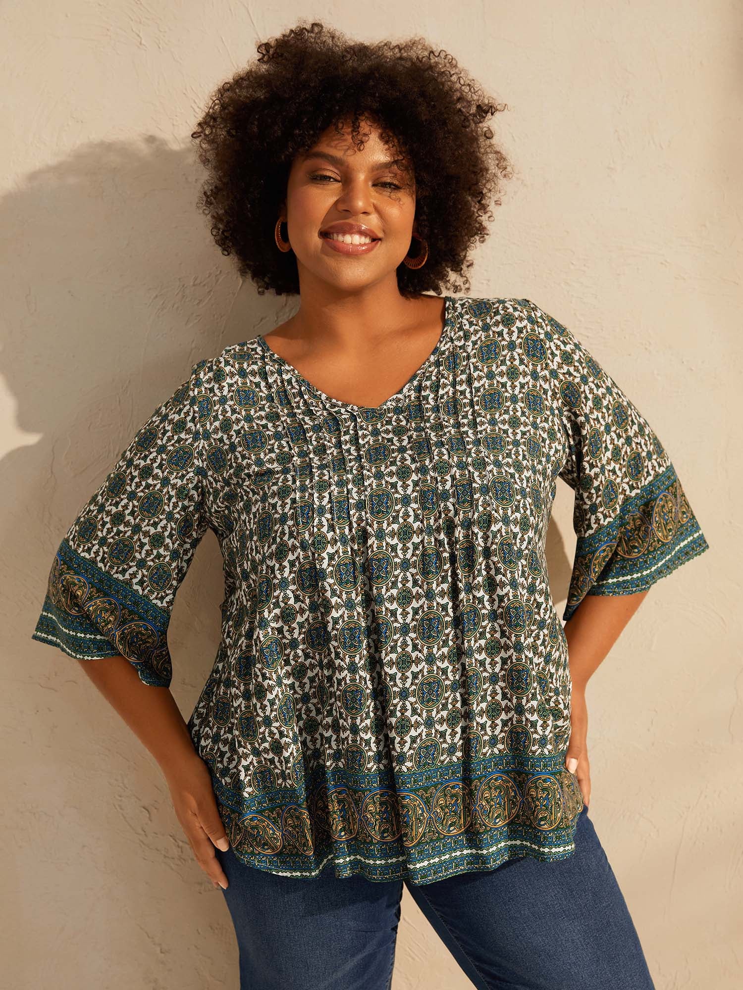 Pin-Tuck Pleat Ornate Print Relaxed Fit Shirt