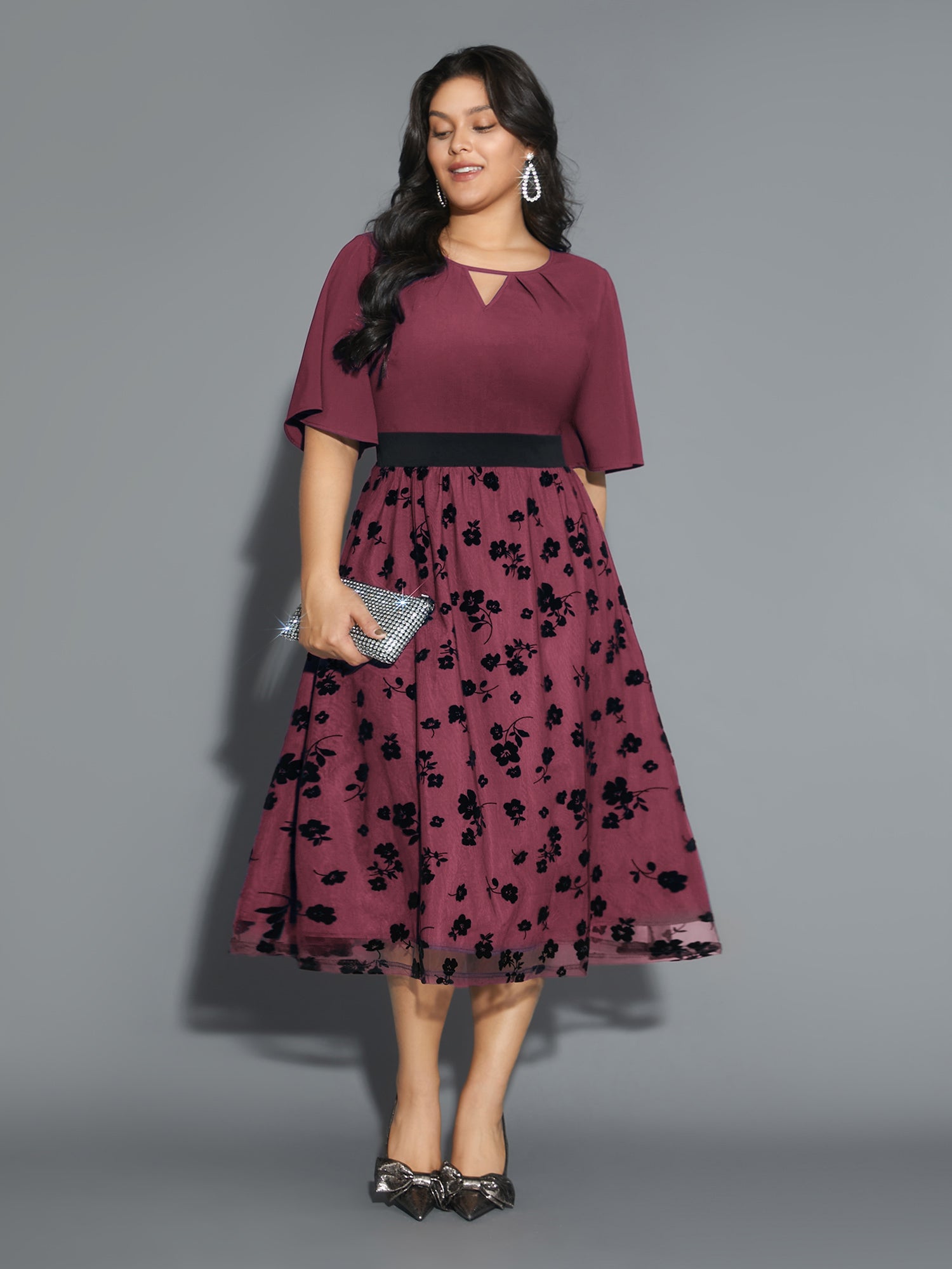 Floral Embroidered Mesh keyhole Dress