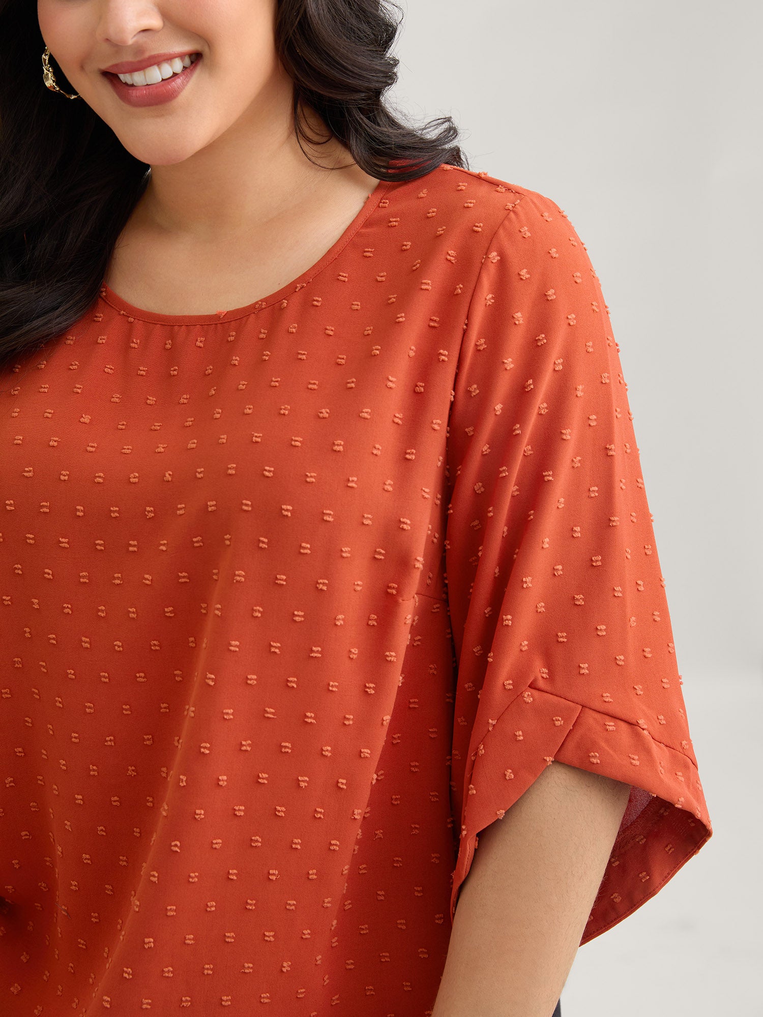 Textured Round Neck Bell Sleeve Blouse