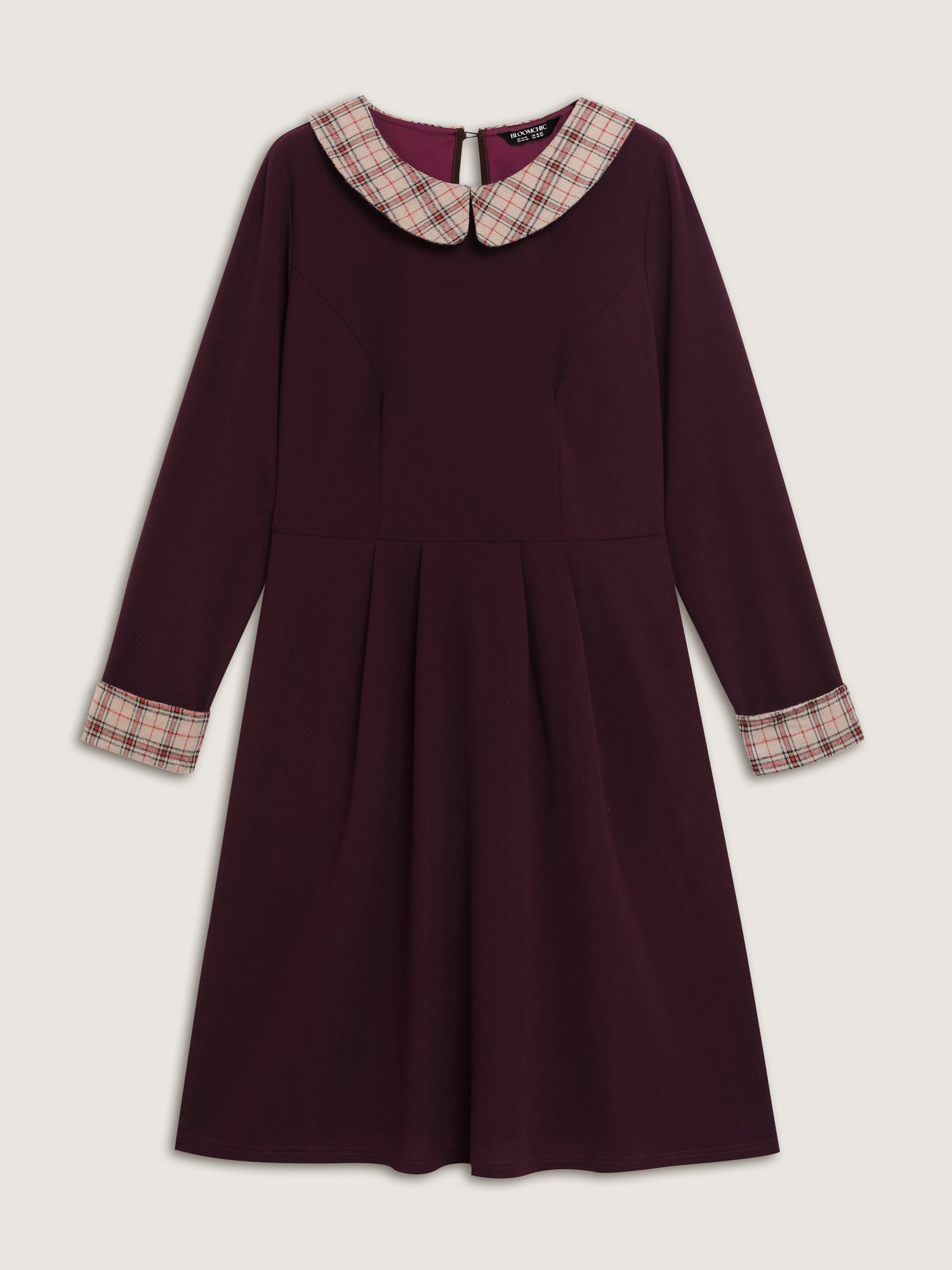 Plaid Collar Pleated Stretchy Waist Midi Dress