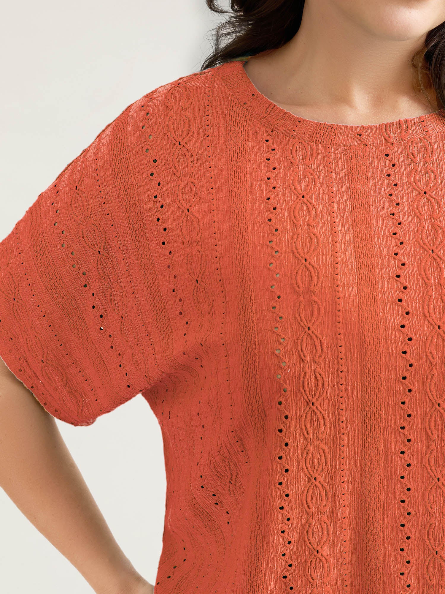 Eyelet Trim Stretchy Textured Plain Top