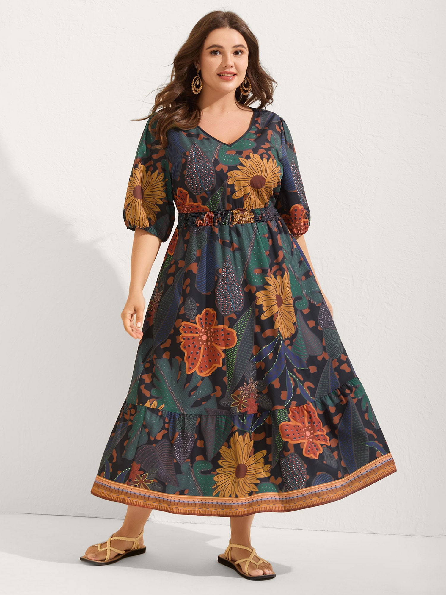 Floral Shirred Lantern Sleeve Midi Dress