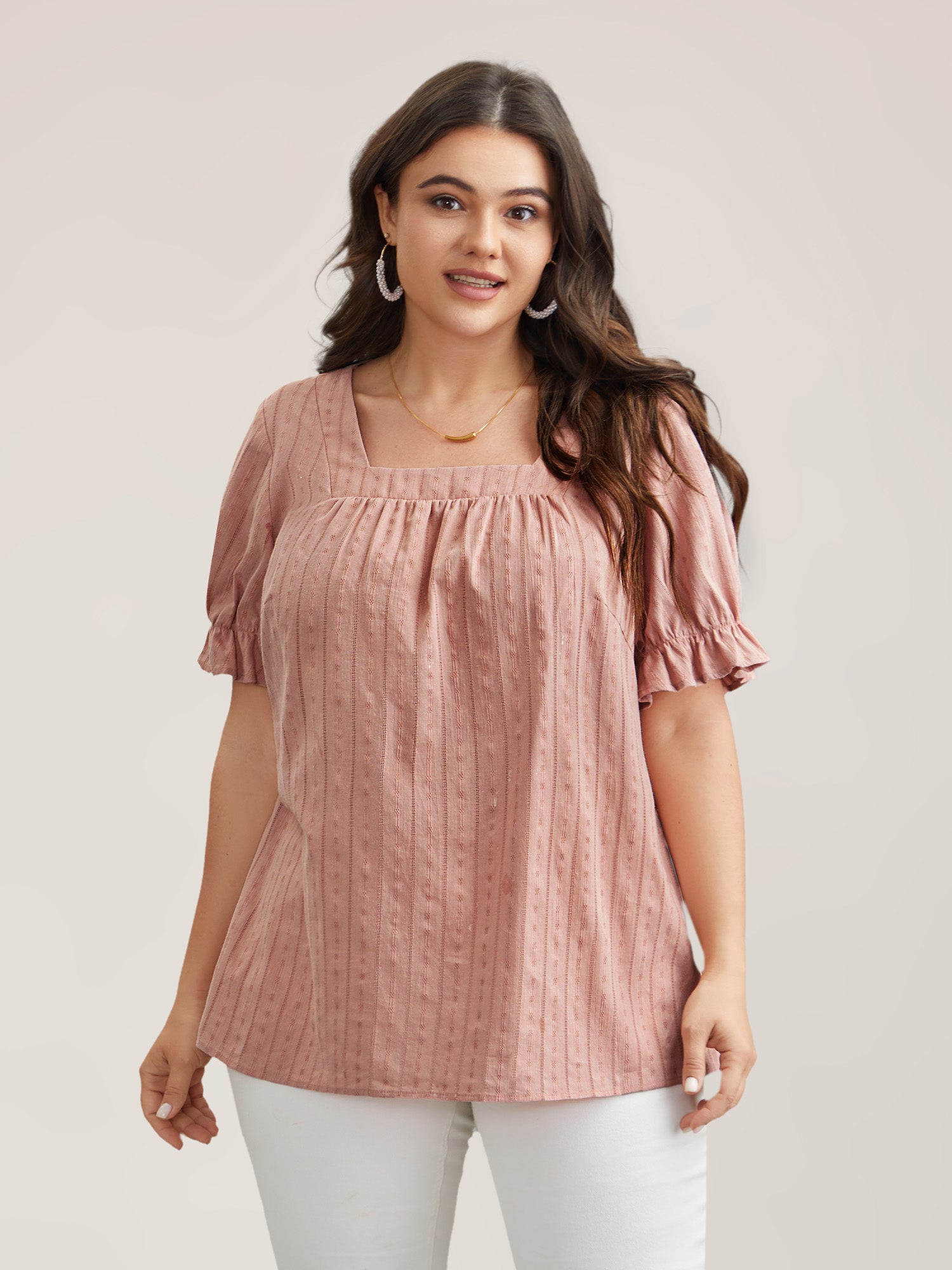Cotton Square Neck Ruffled Sleeve Shirt