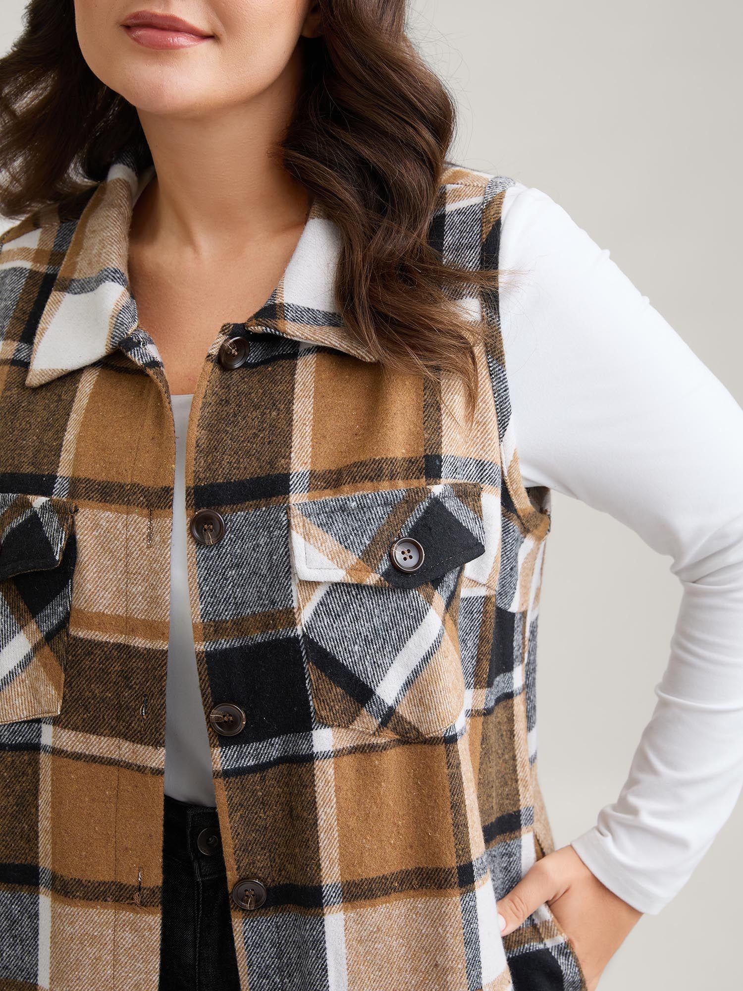 Plaid Flap Detail Sleeveless Jacket