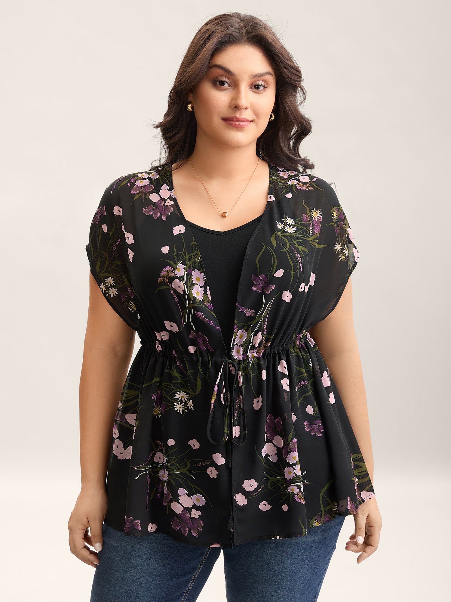 Floral Print Waist-Tie Mini Kimono