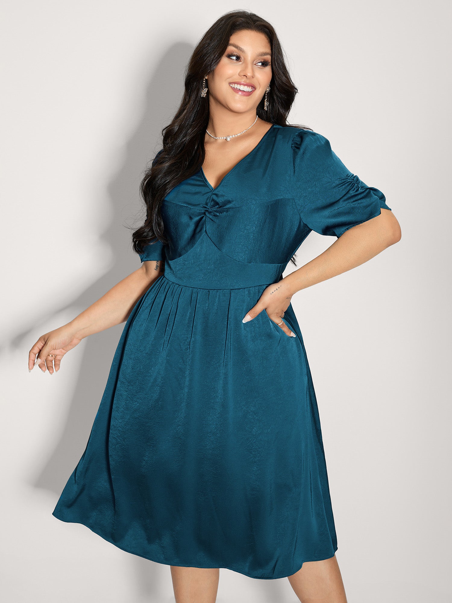 Satin-Like Ruched Sleeve Midi Dress