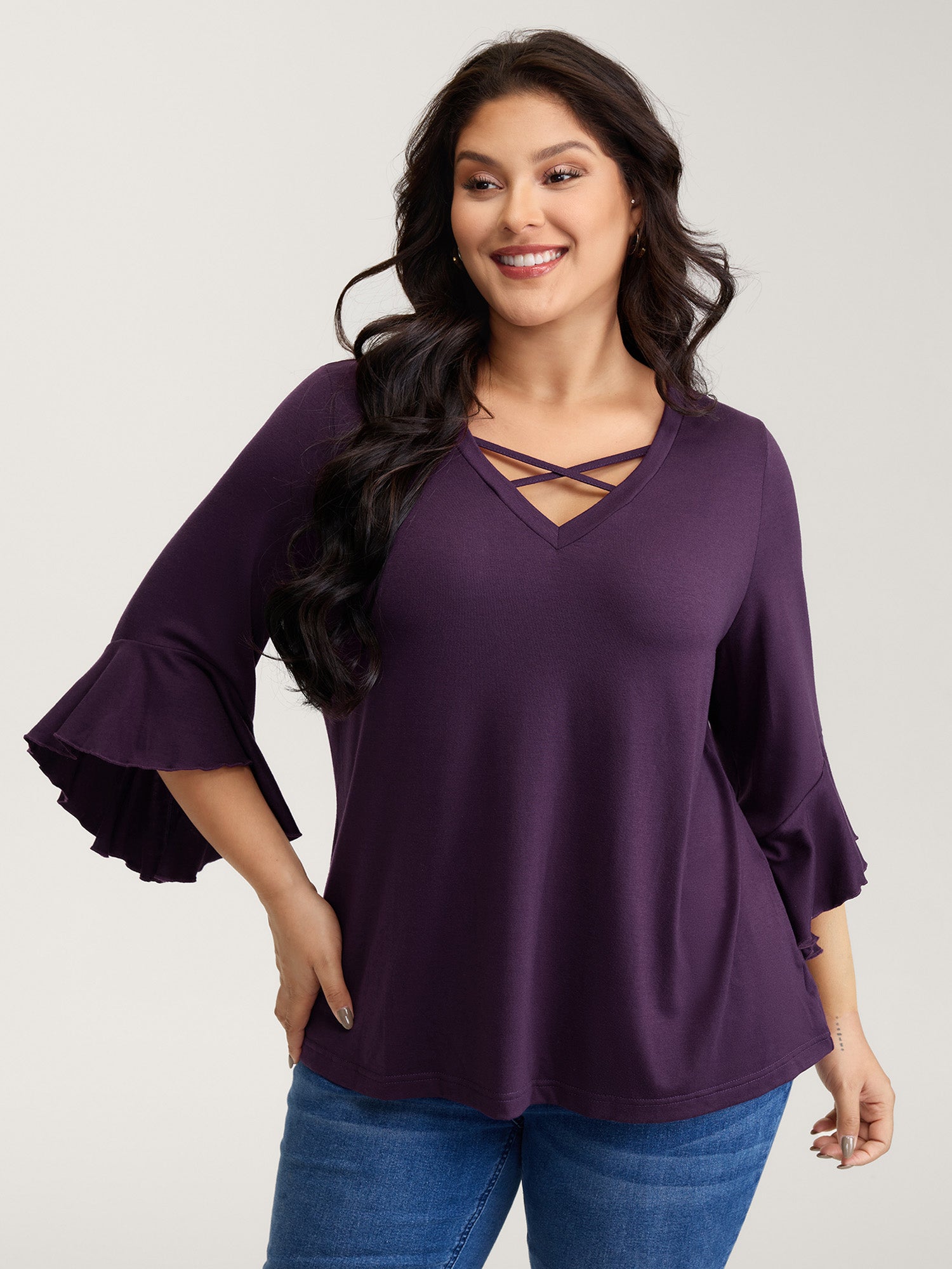 Supersoft Drawstring Neckline Ruffled Sleeve Knit Top