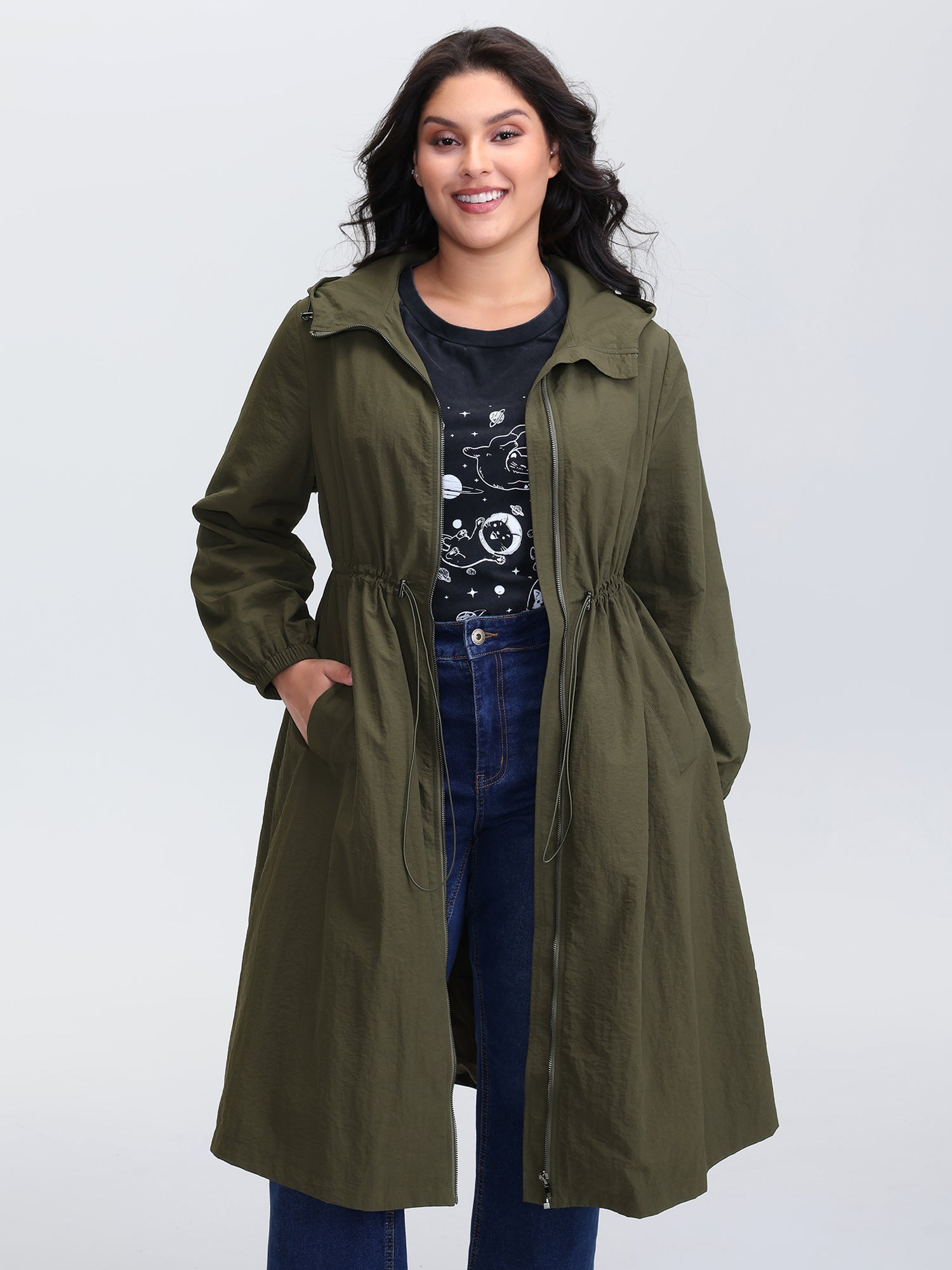 Drawstring Waist Pockets Hooded Coat