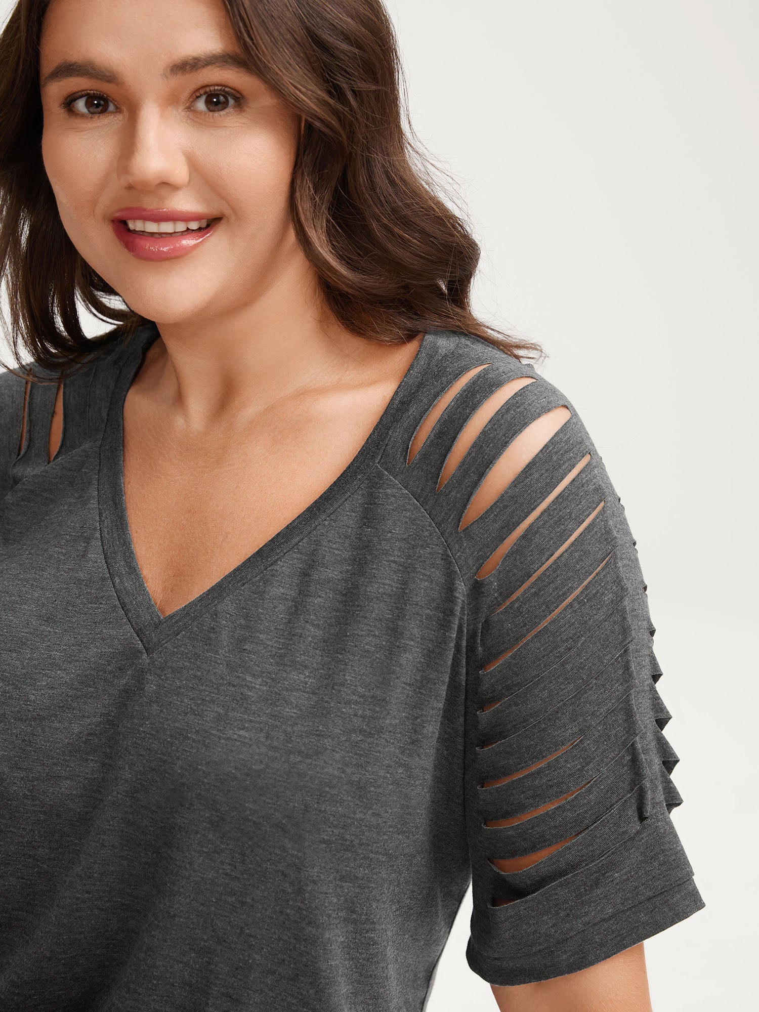 Cut-Out Sleeve V Neck T-Shirt