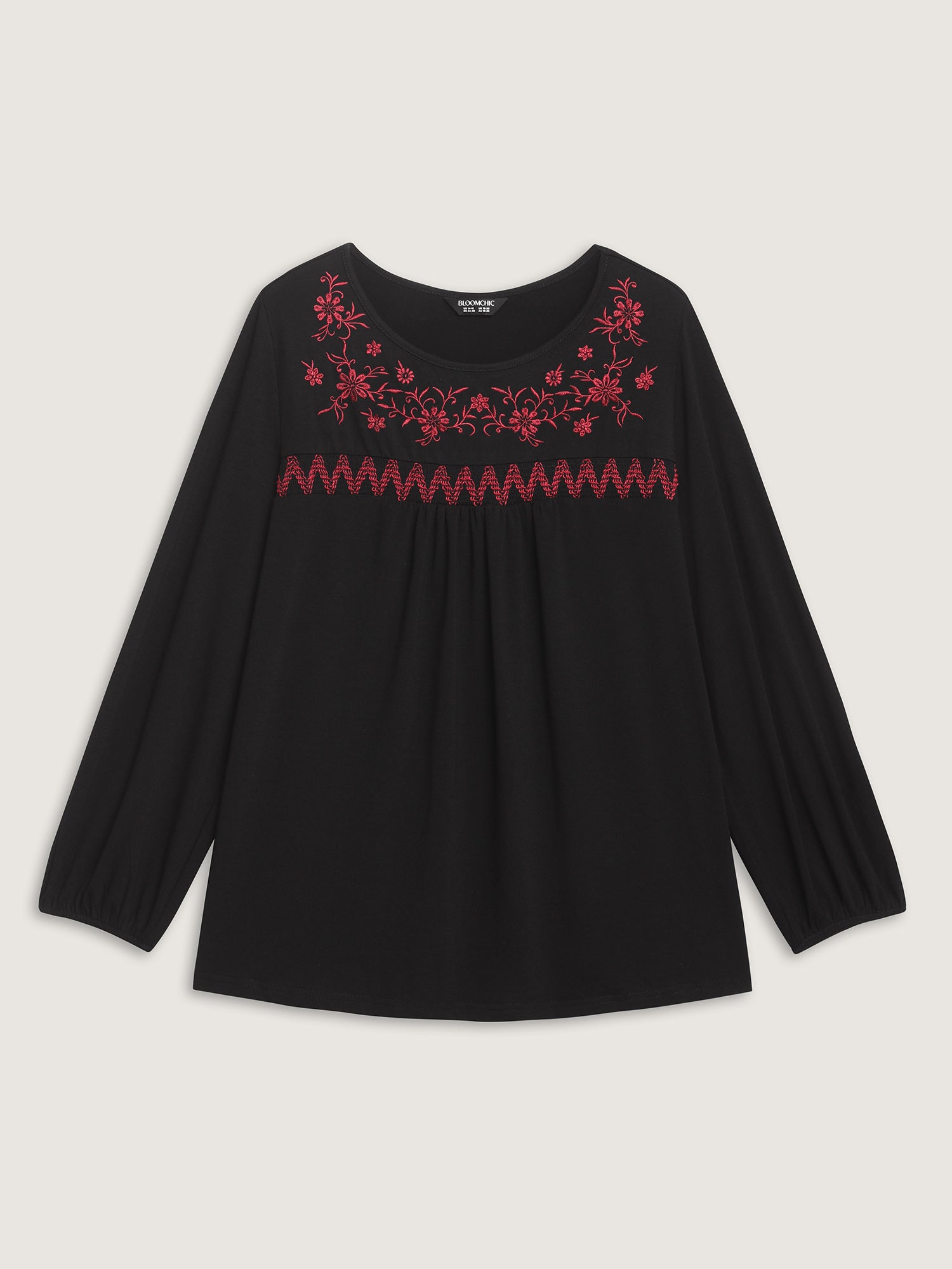 Floral Embroidery Neckline Shirred Knit Top