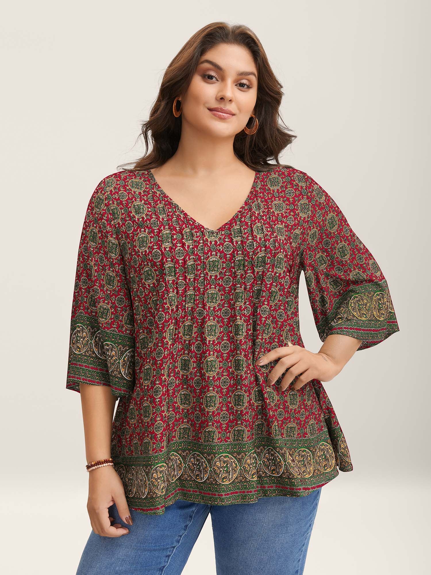 Pin-Tuck Pleat Ornate Print Relaxed Fit Shirt