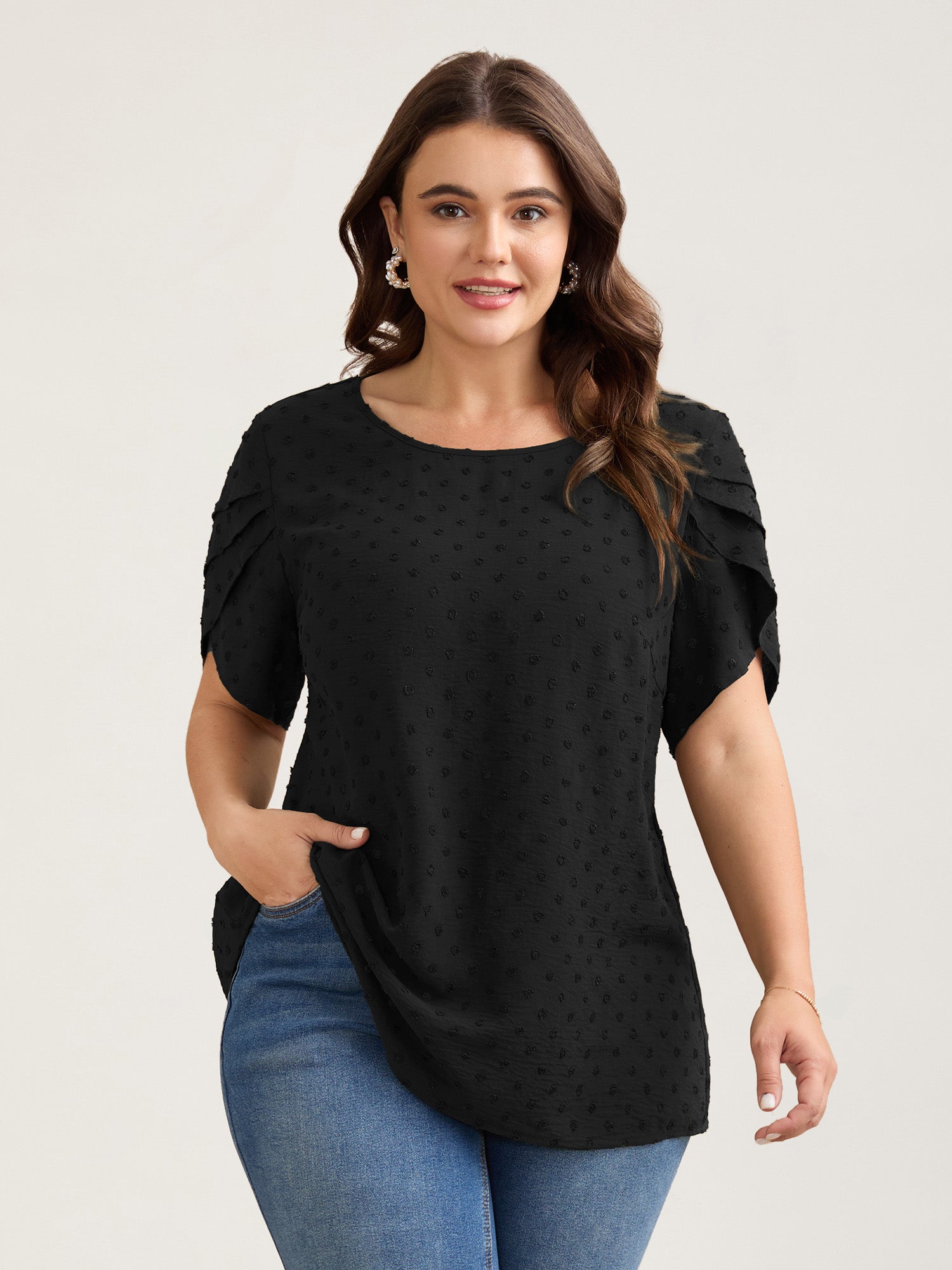 Textured Color Contrast Petal Sleeve Blouse