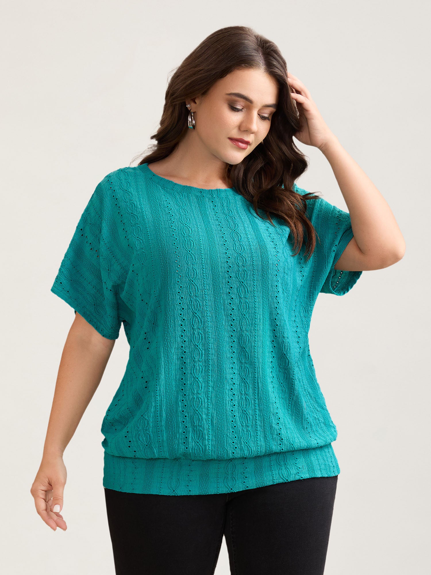 Eyelet Trim Stretchy Textured Plain Top