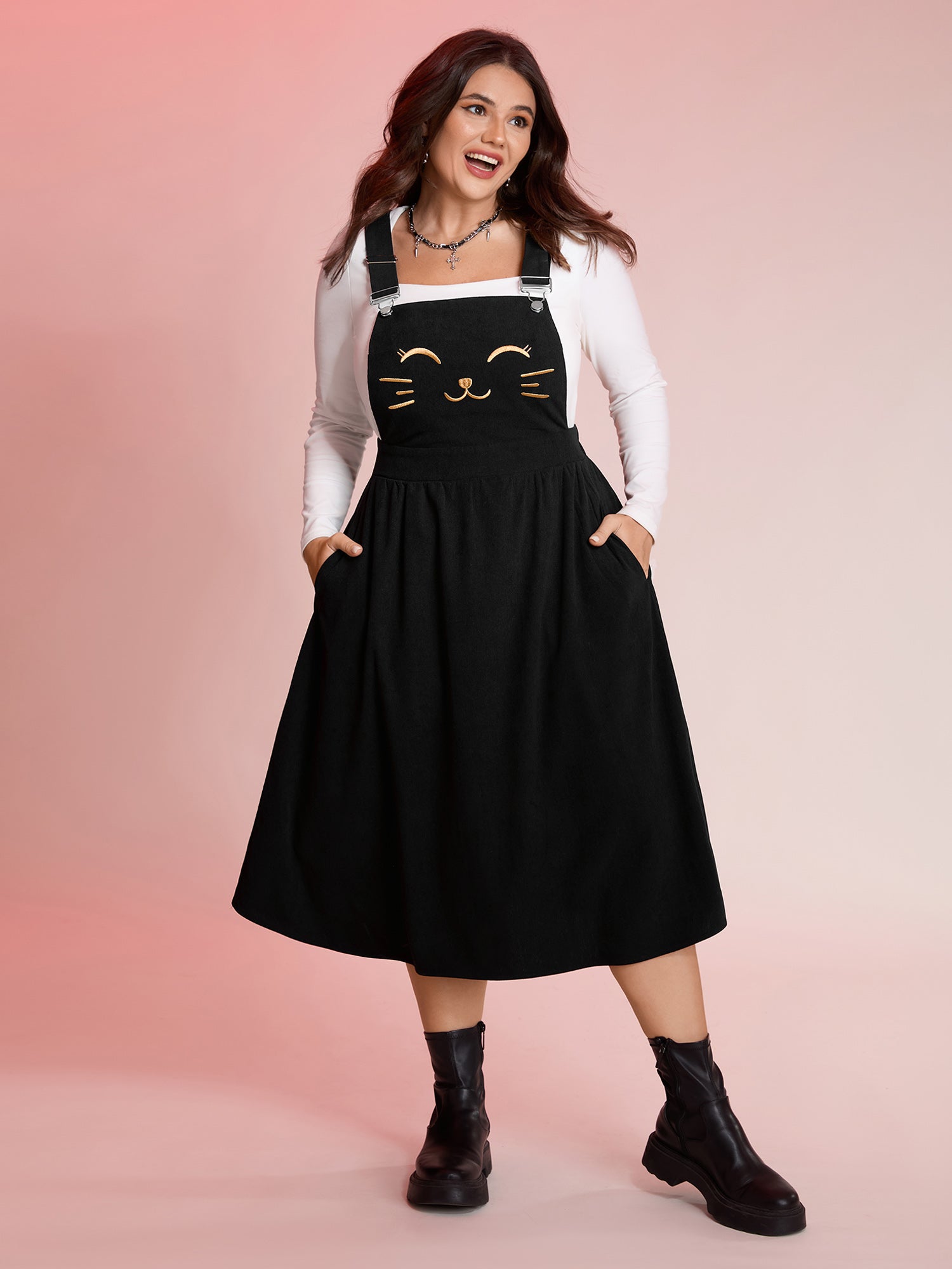 Happy Cat Embroidery Overall Straps Midi Dress