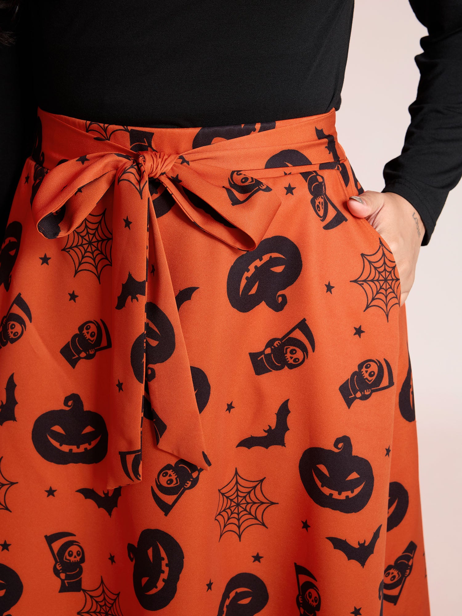 Pumpkin Print Belted Maxi Skirt