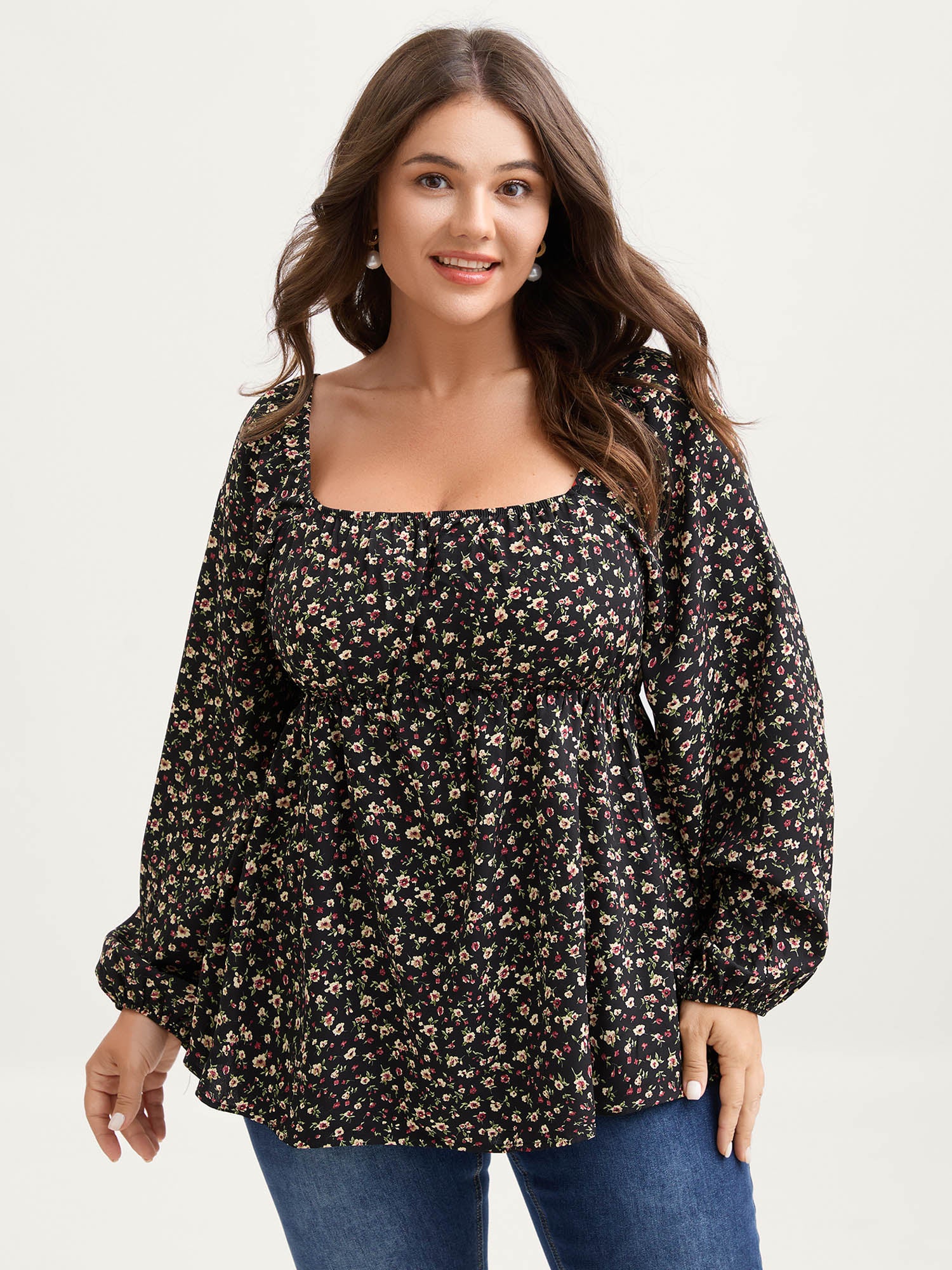 Floral Print Shirred Bodice Puff Sleeve Blouse