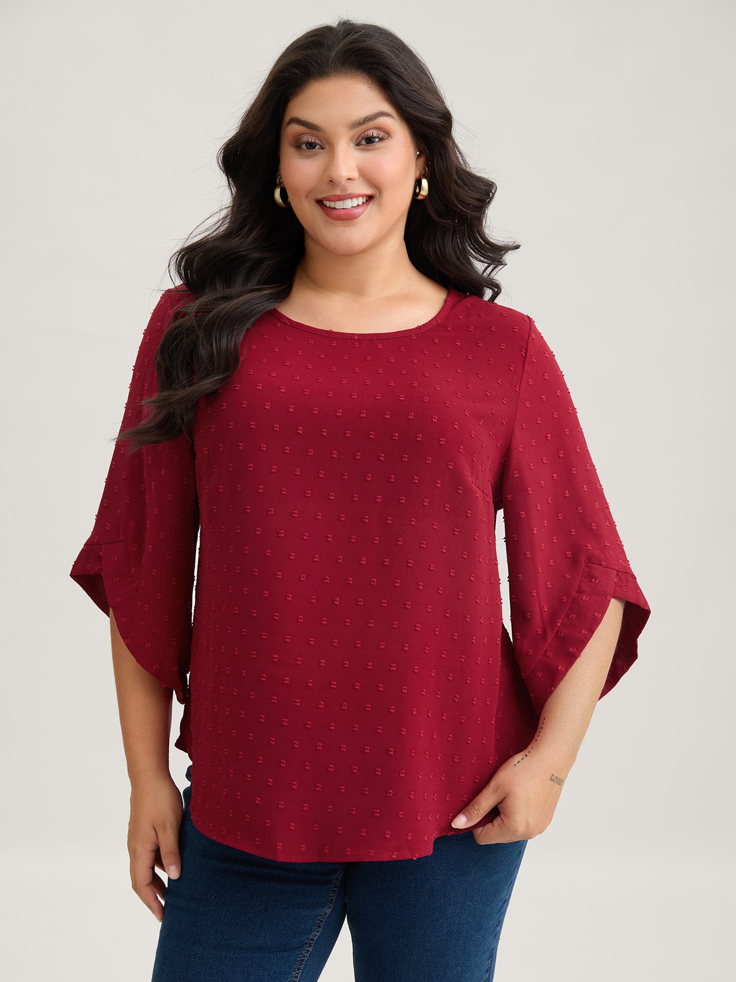 Textured Round Neck Bell Sleeve Blouse