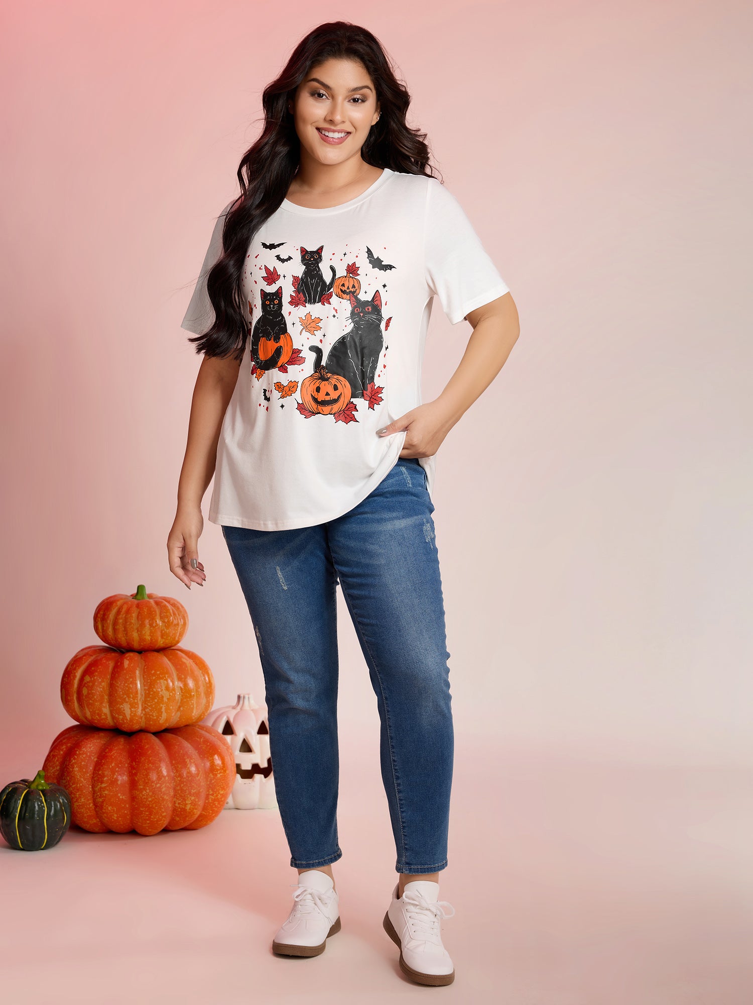 Halloween Cat Print Round Neck T-Shirt