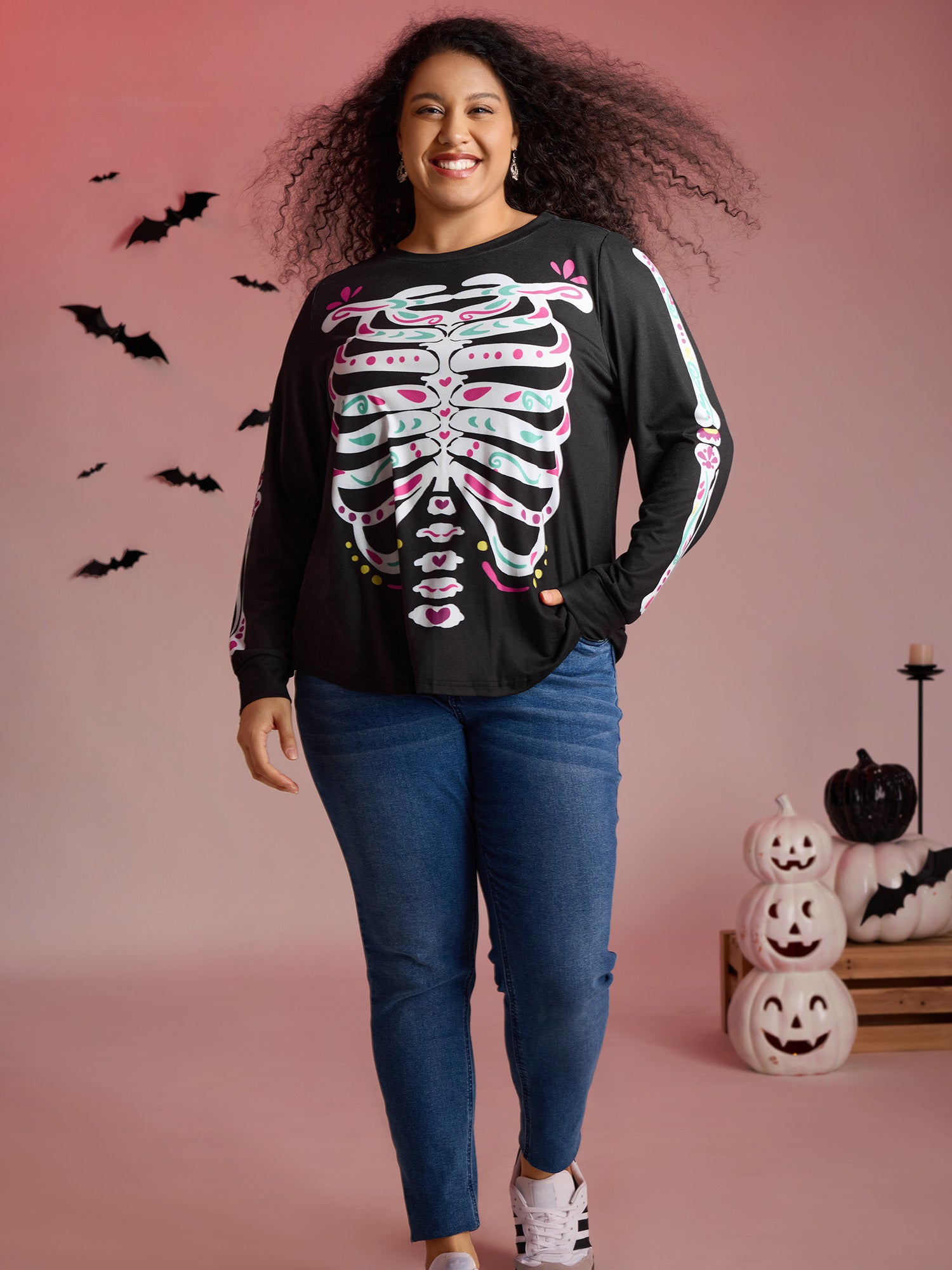 Party Skeleton Print Knit Halloween T-Shirt