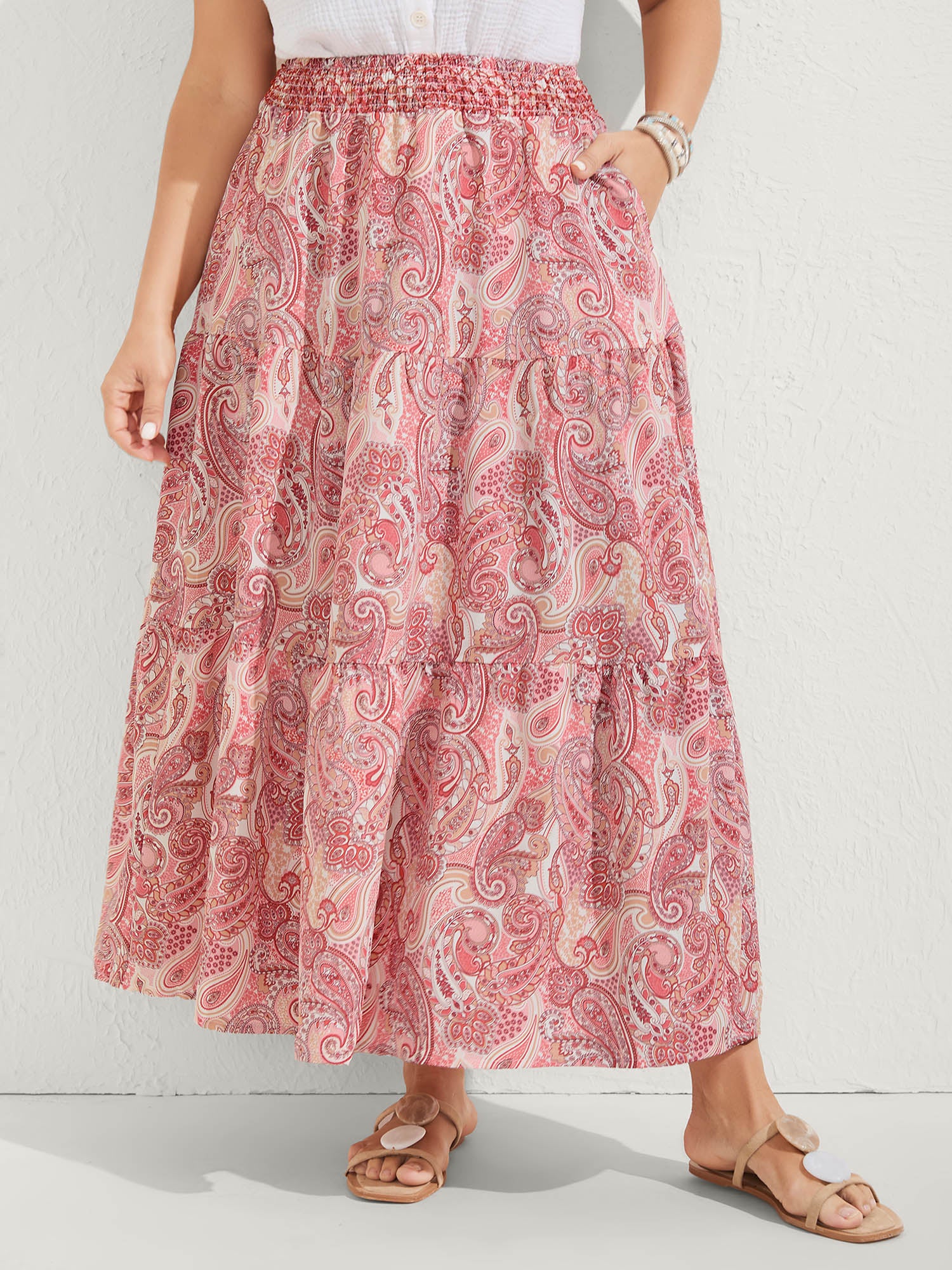 Paisley Print Shirred Waist Midi Skirt