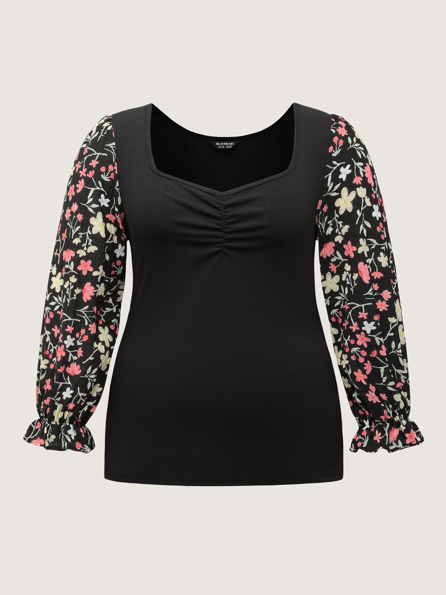 Textured Spliced Floral Sleeves Top