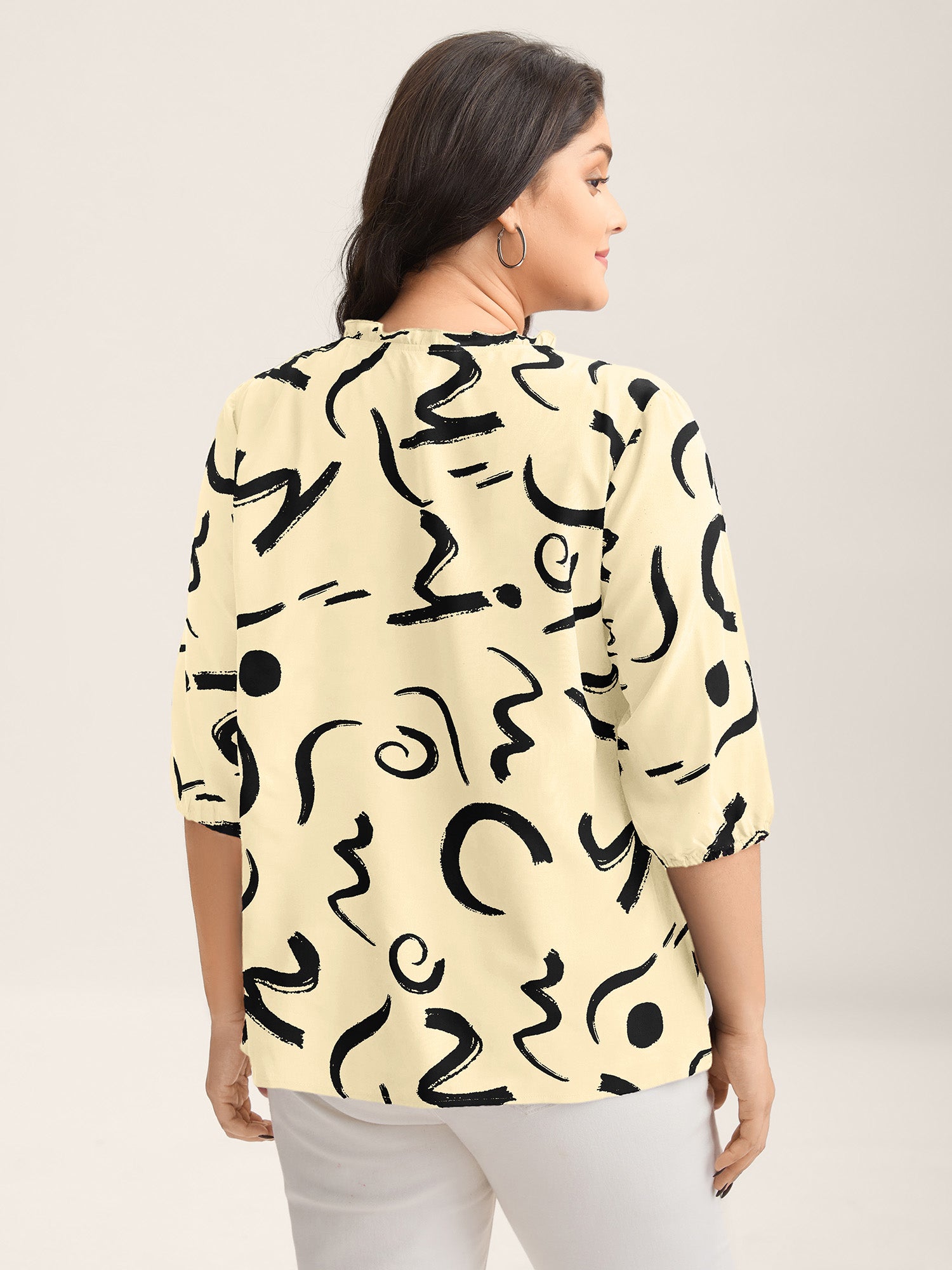 Scribble Print Ruffled Split Neck Blouse