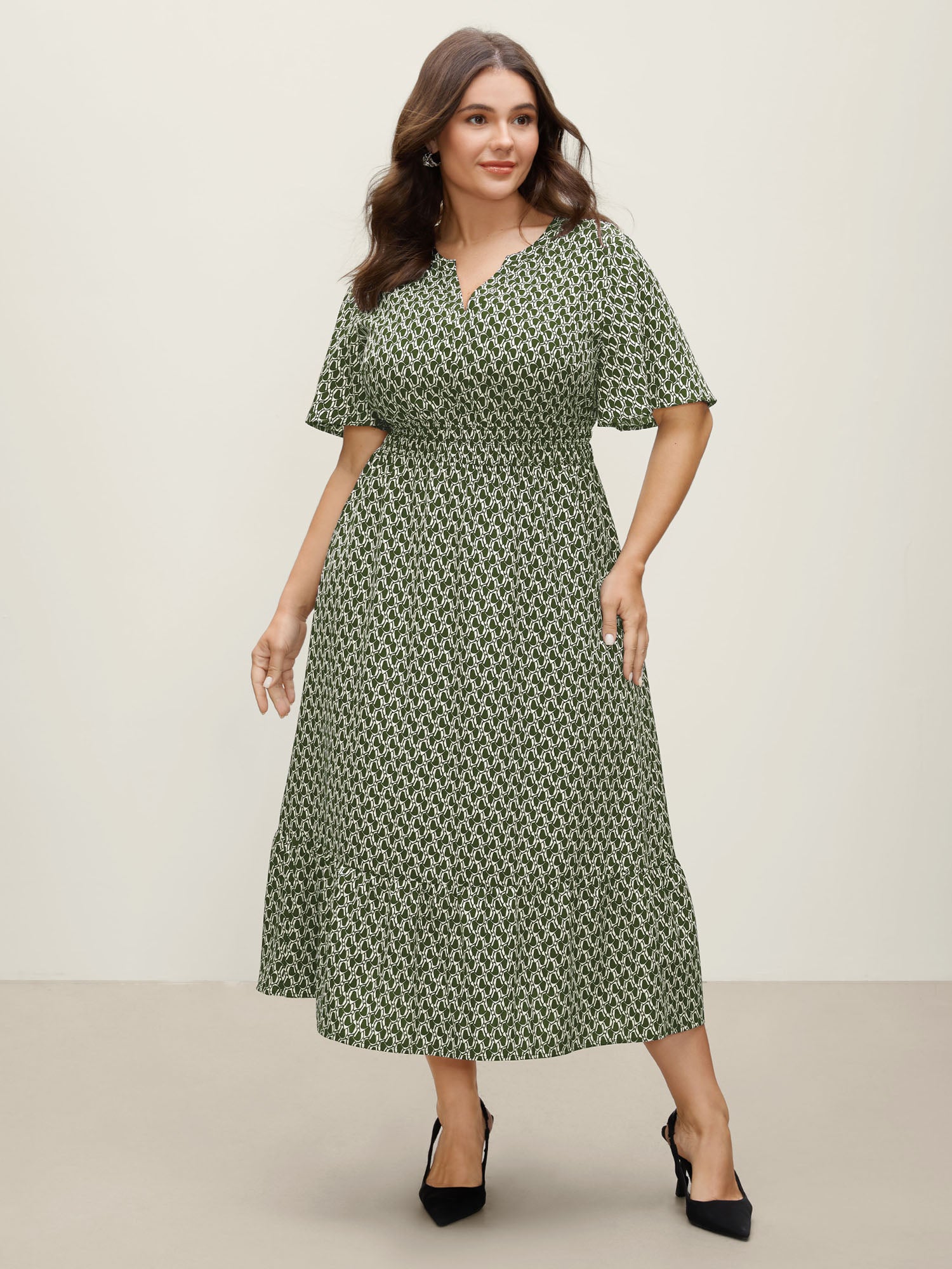 Geometric Print Waist-Cinched Tiered Midi Dress