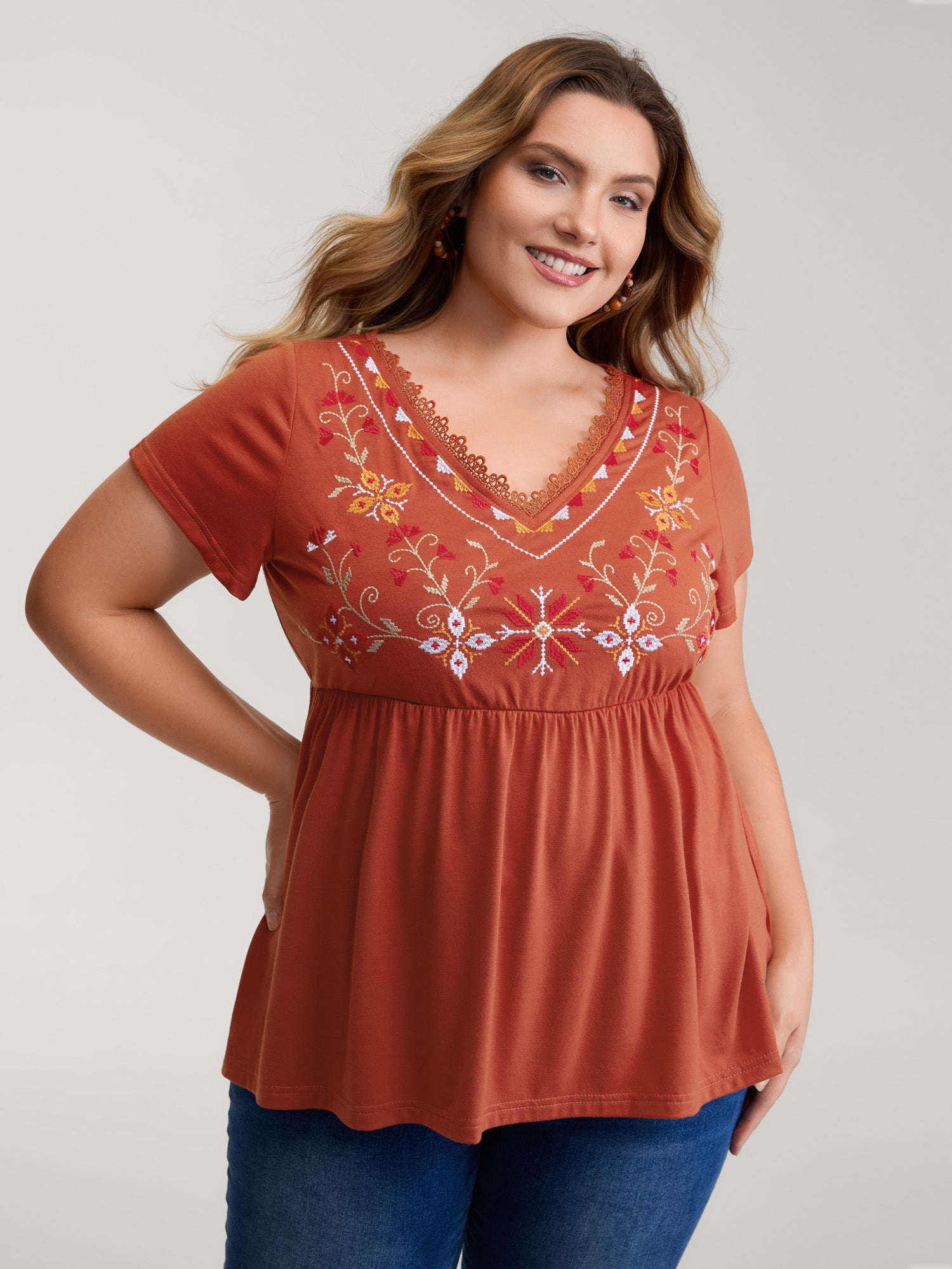 Color Floral Embroidery Lace Knit Top