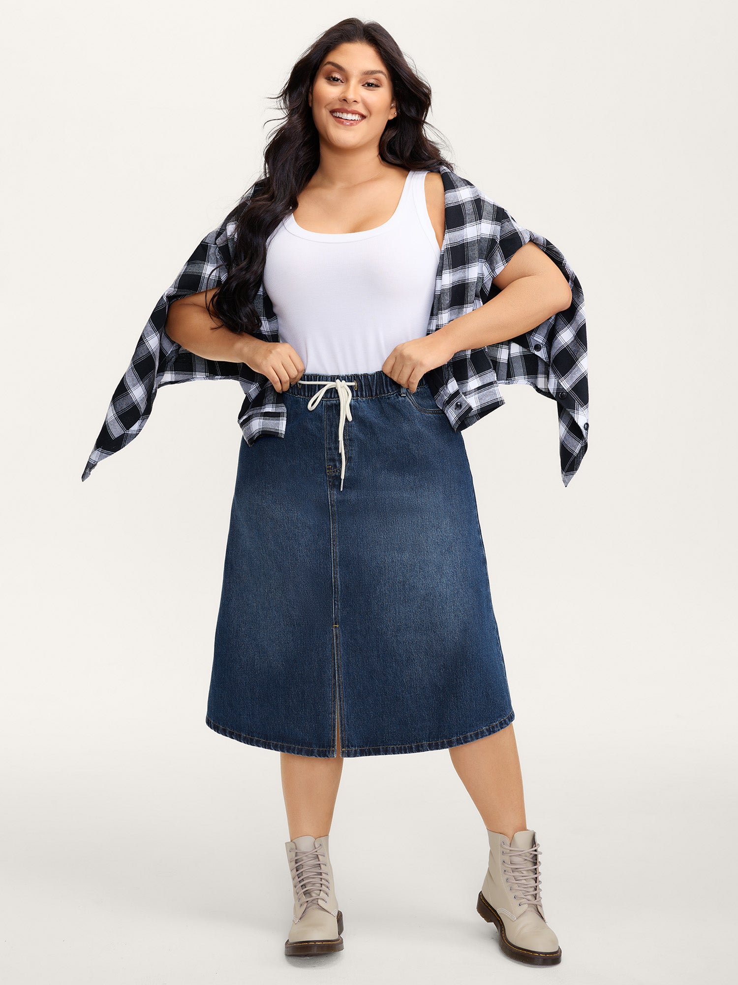 Drawstring Front Slit Stretchy Waist Midi Denim Skirt
