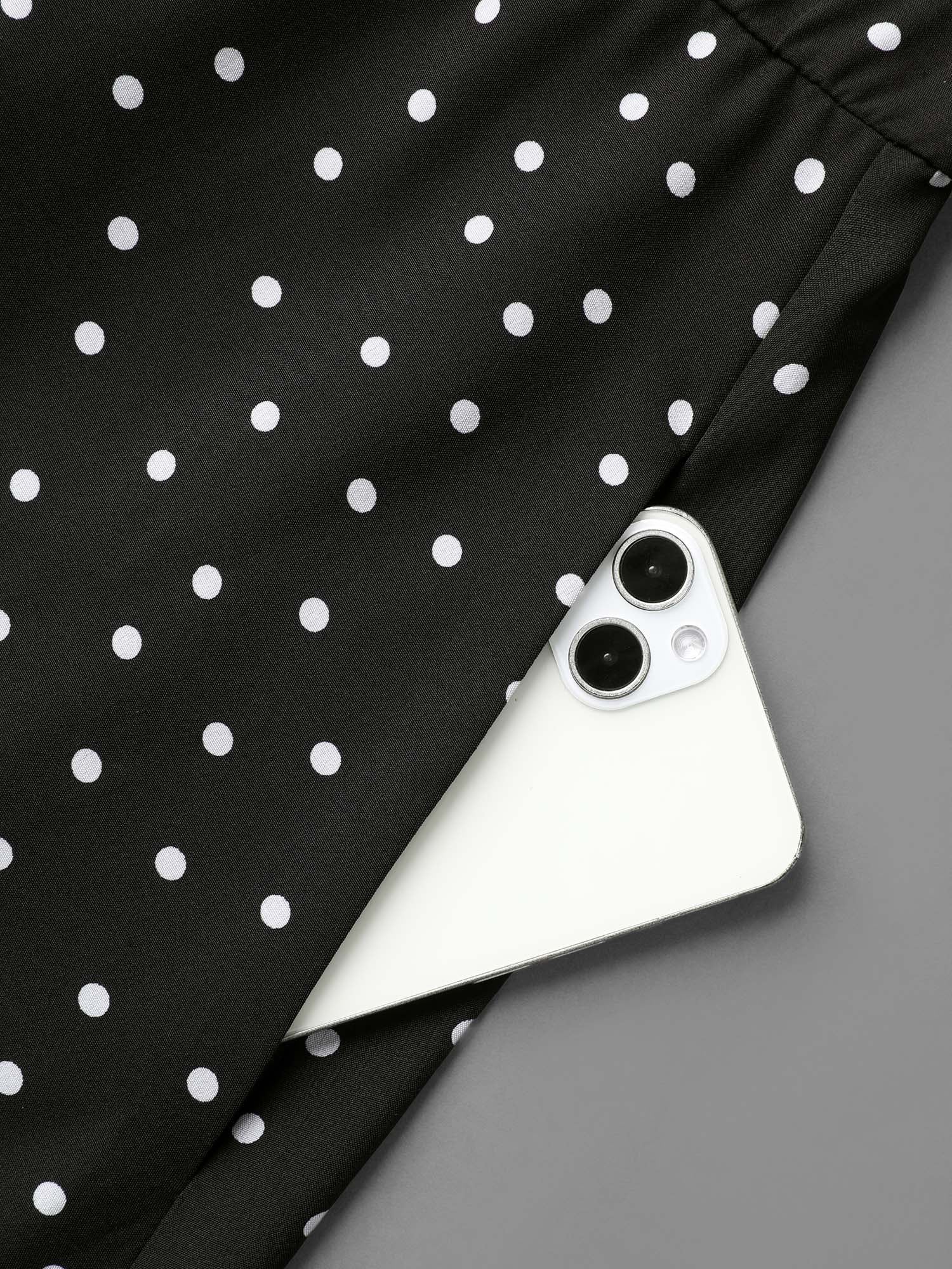 Crew Neck Polka Dot Waist Cinched Dress