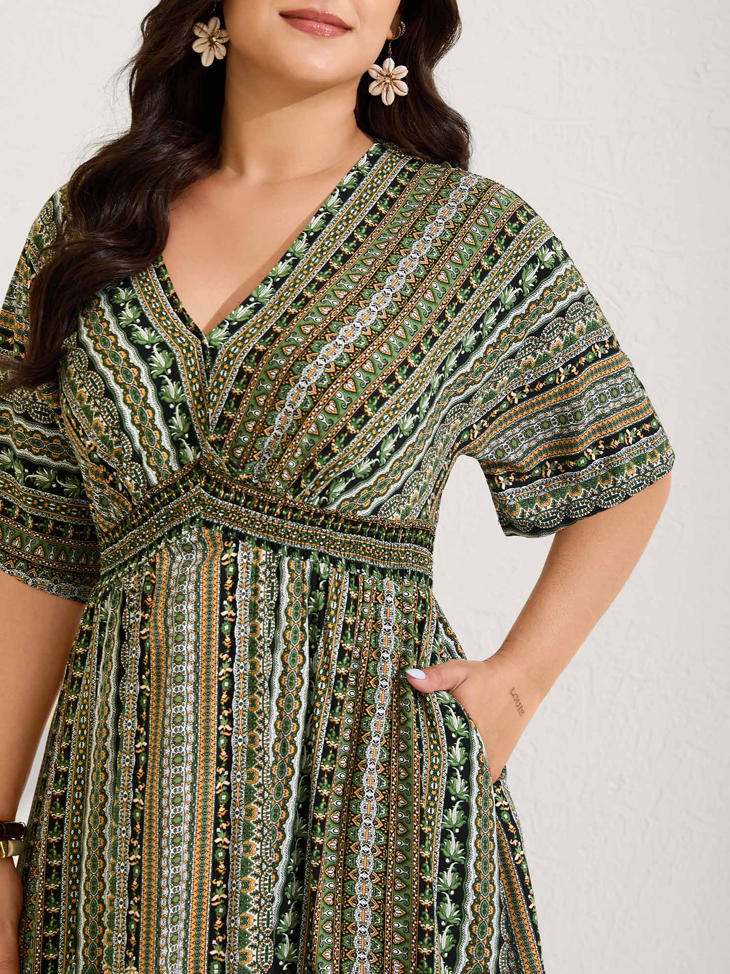 Striped Contrast Dolman Sleeve Shirred Pocket Split Flutter Dress