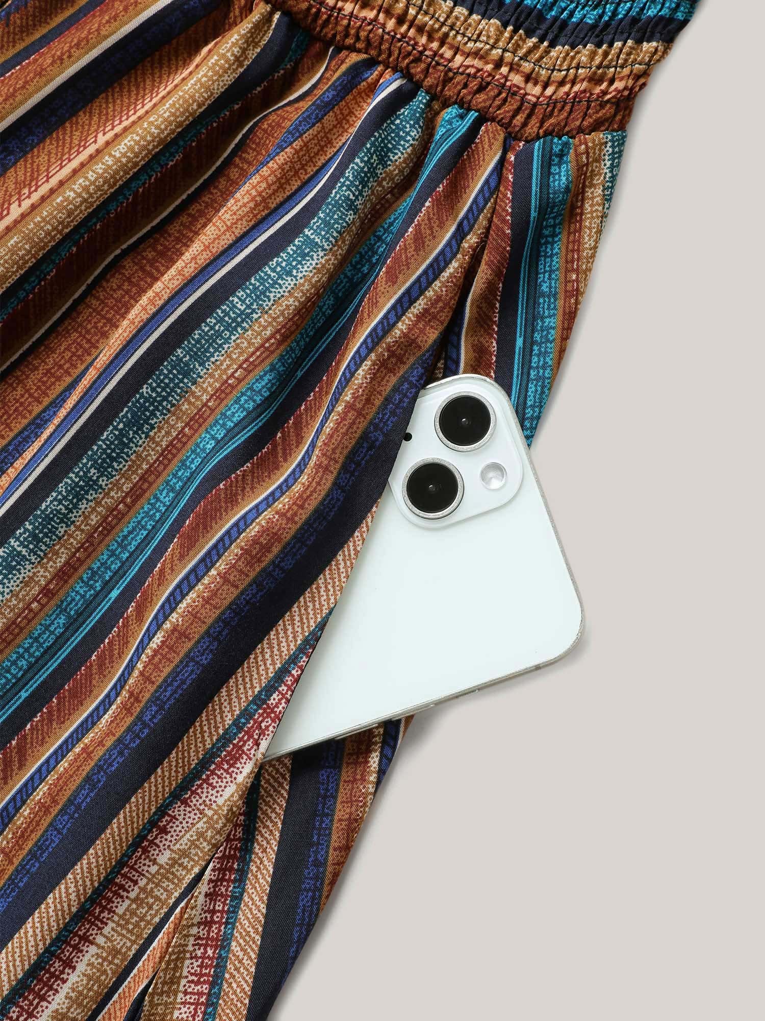 Striped Contrast Dolman Sleeve Shirred Pocket Split Flutter Dress