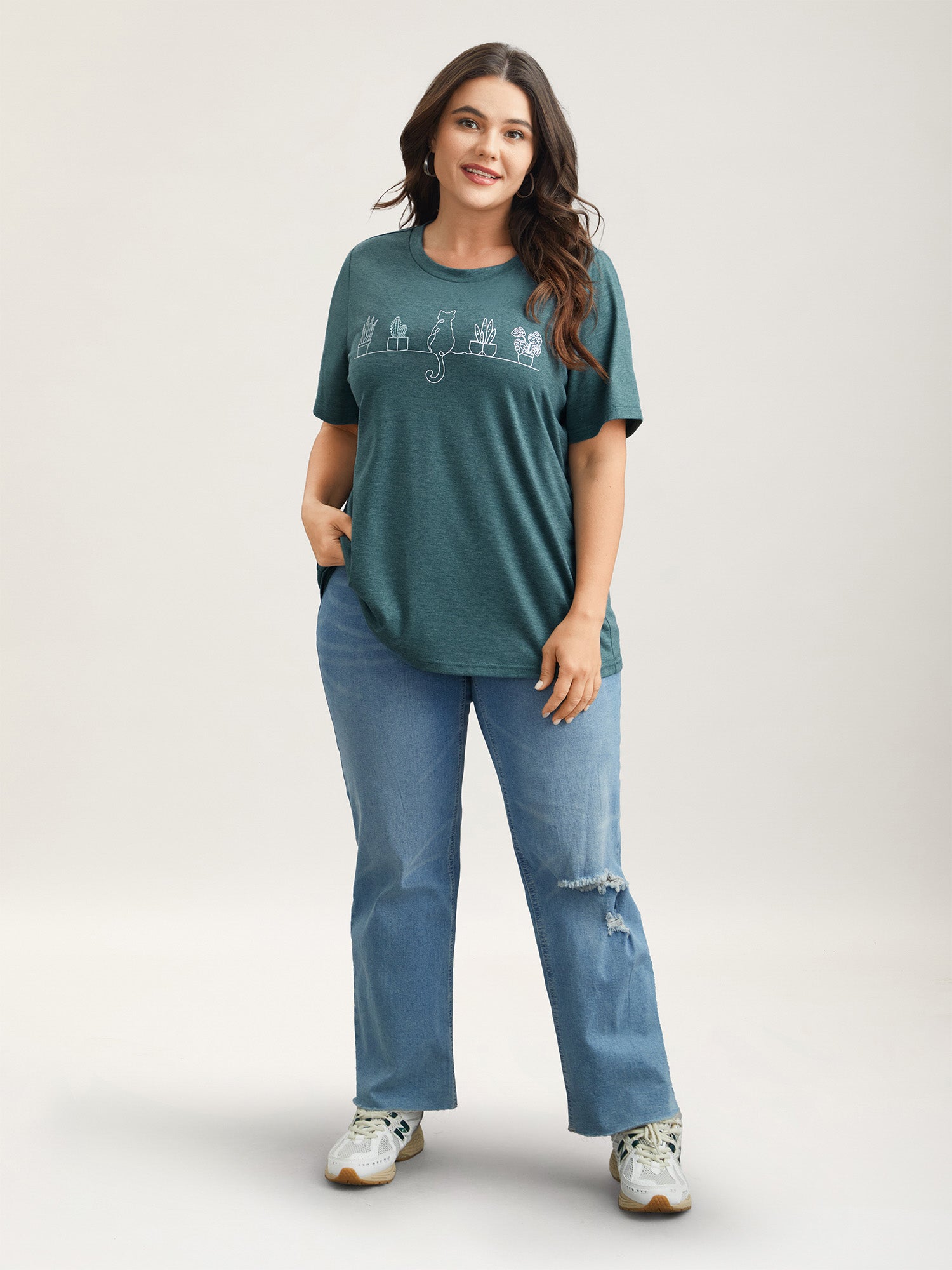 Cat Print Crew Neck Stretchy T-Shirt