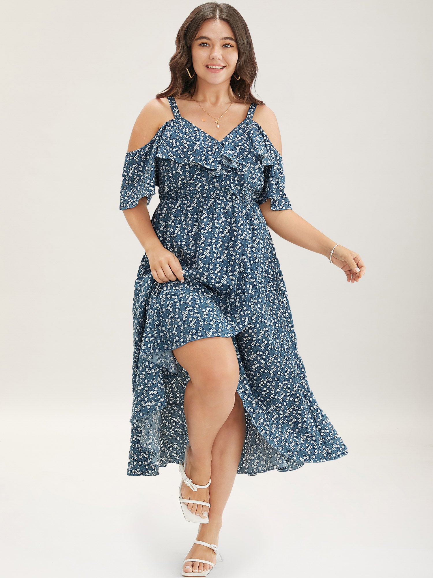 Ditsy Floral Pocket Wrap Cold Shoulder Ruffle Dress