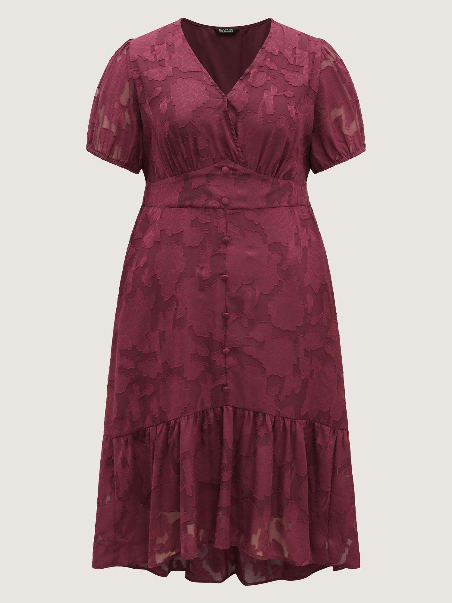 Solid Textured Lantern Sleeve Button Detail Dress