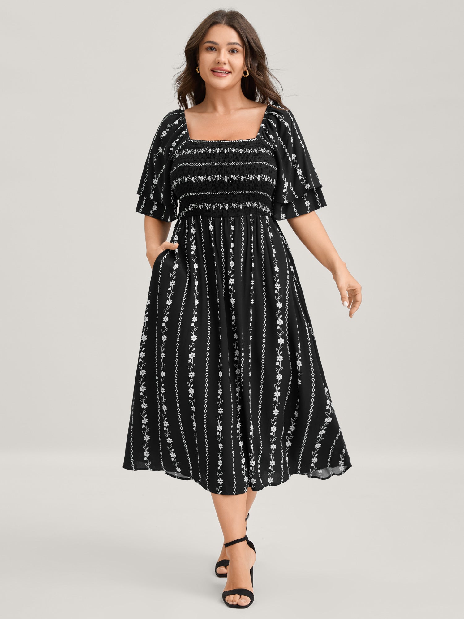 Floral Stripes Layered Ruffle Sleeve Midi Dress