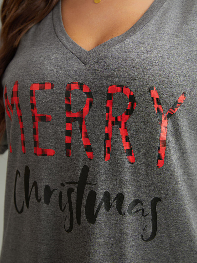 Christmas Gingham Patchwork V Neck T-shirt