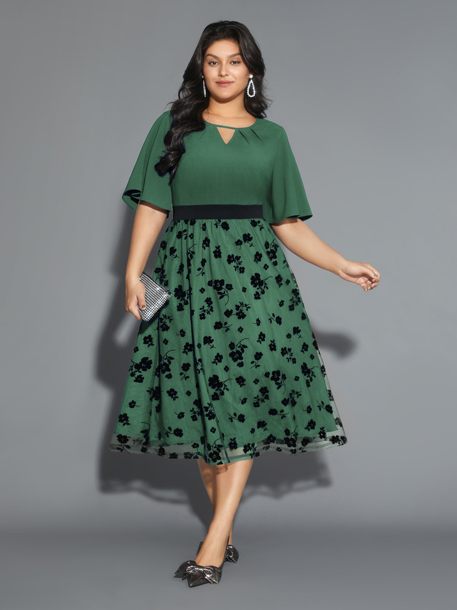 Floral Embroidered Mesh keyhole Dress