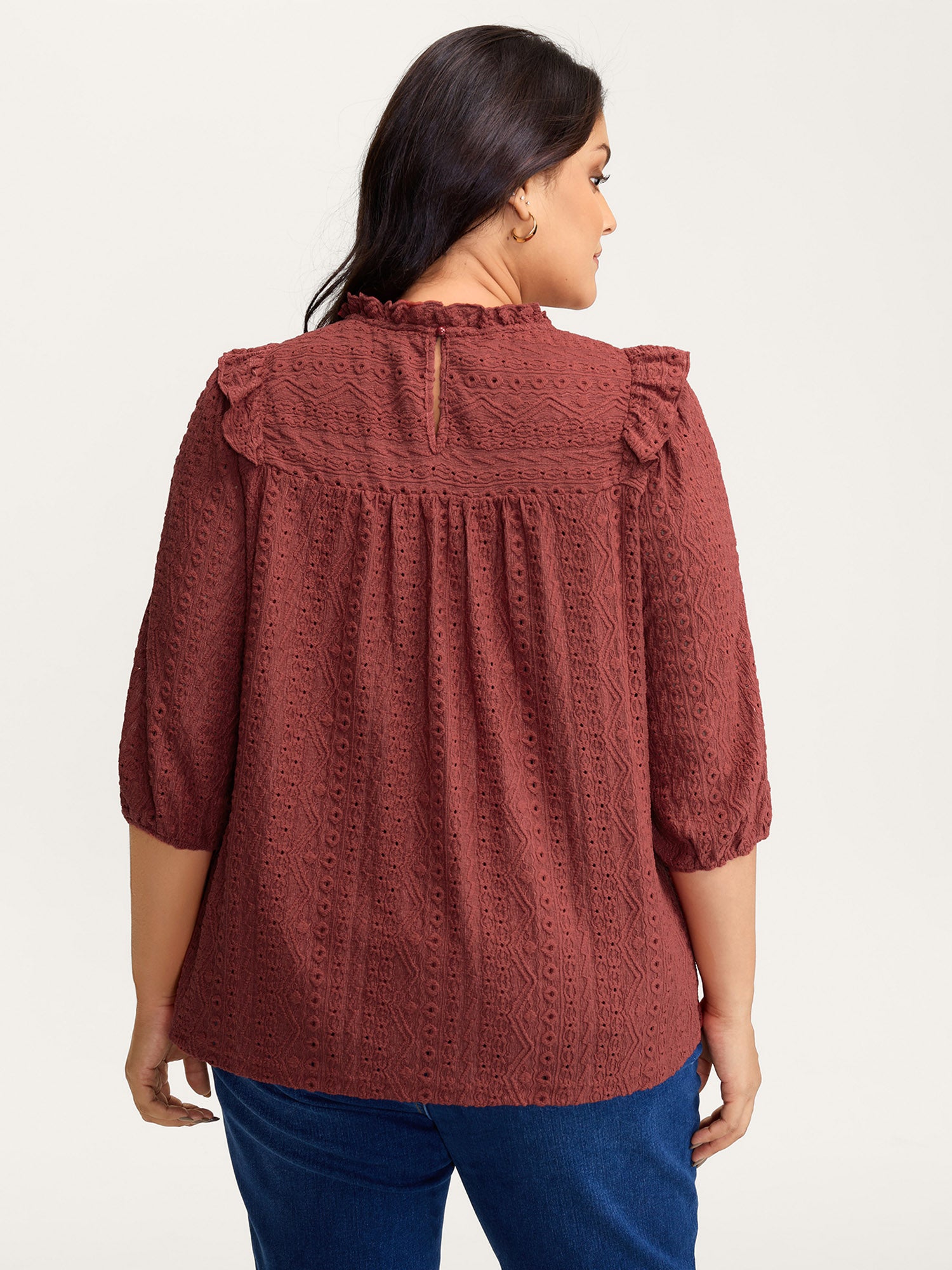 Textured Ruffled Neck Pleated Blouse