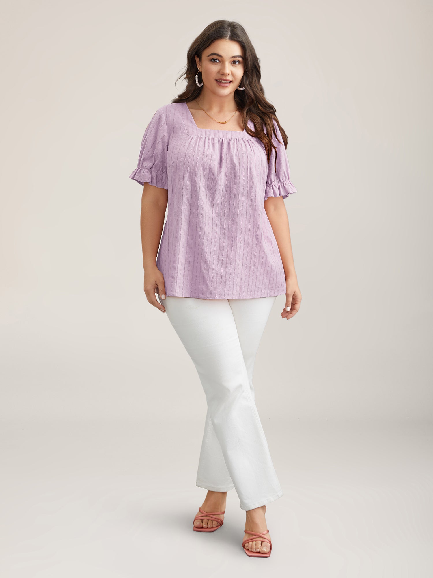 Cotton Square Neck Ruffled Sleeve Shirt
