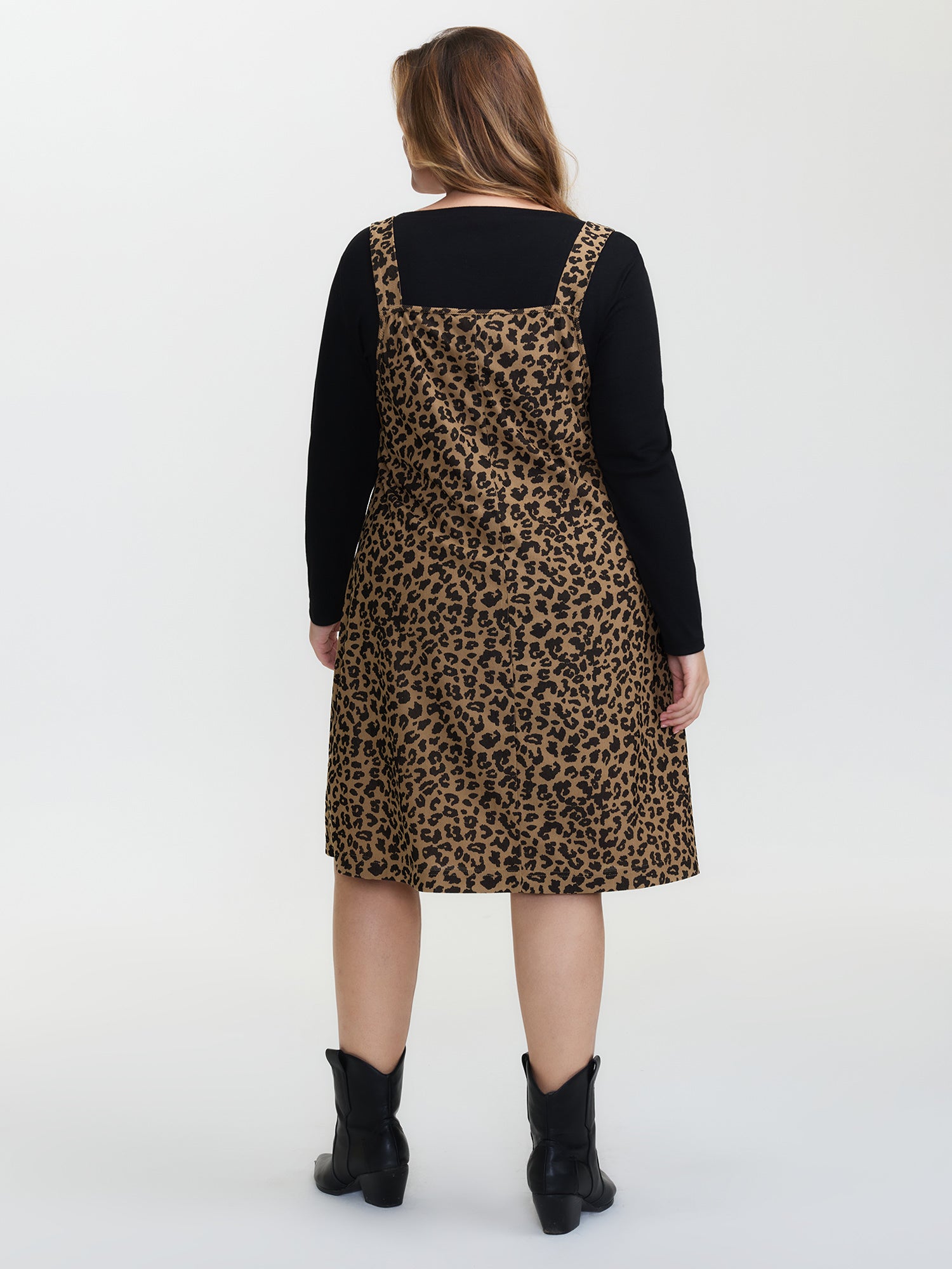 Leopard Print Overall Straps Pockets Midi Dress